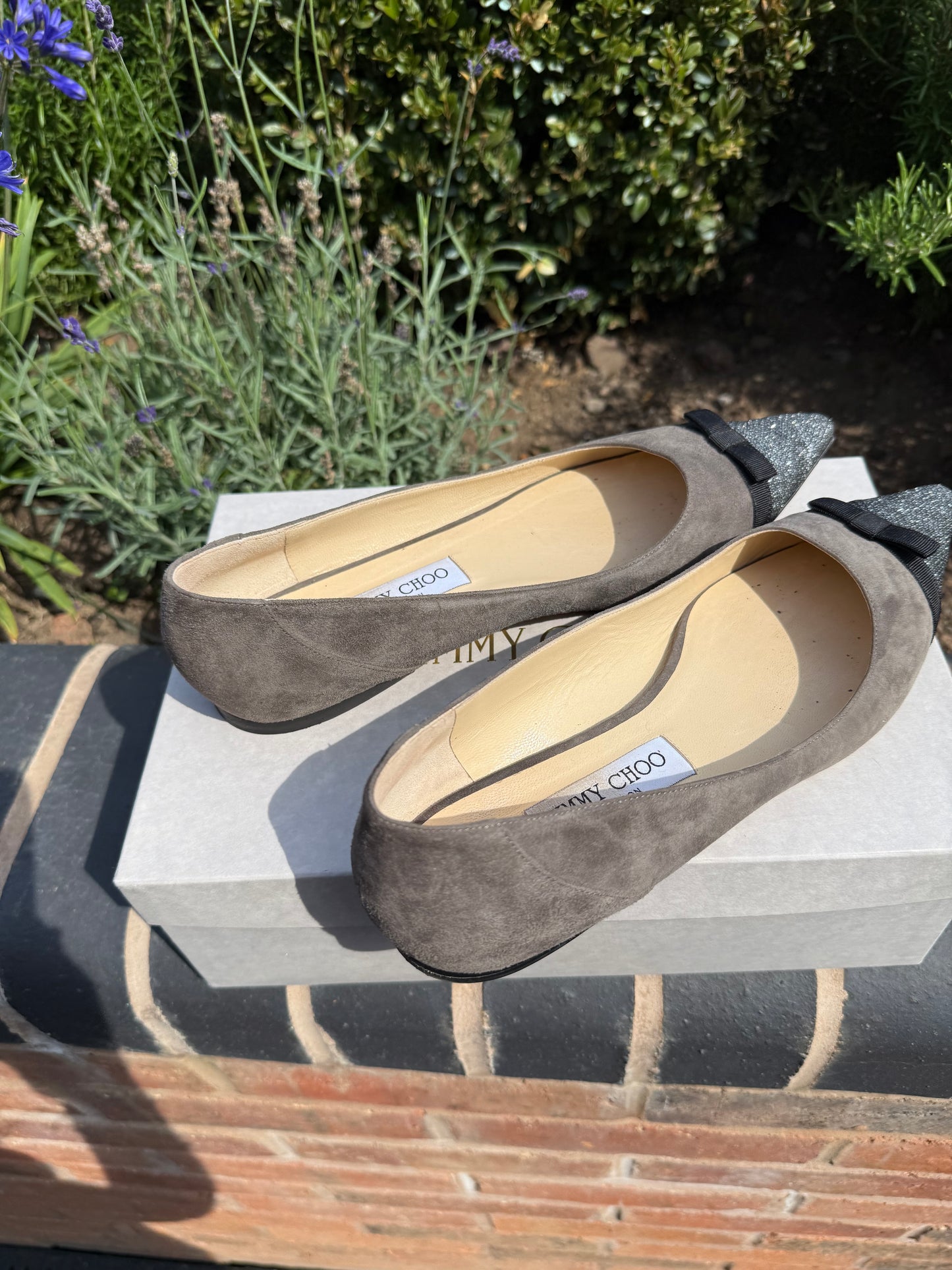 Jimmy Choo Grey Suede Flats with Glitter Toe – UK 6 (EU 39)