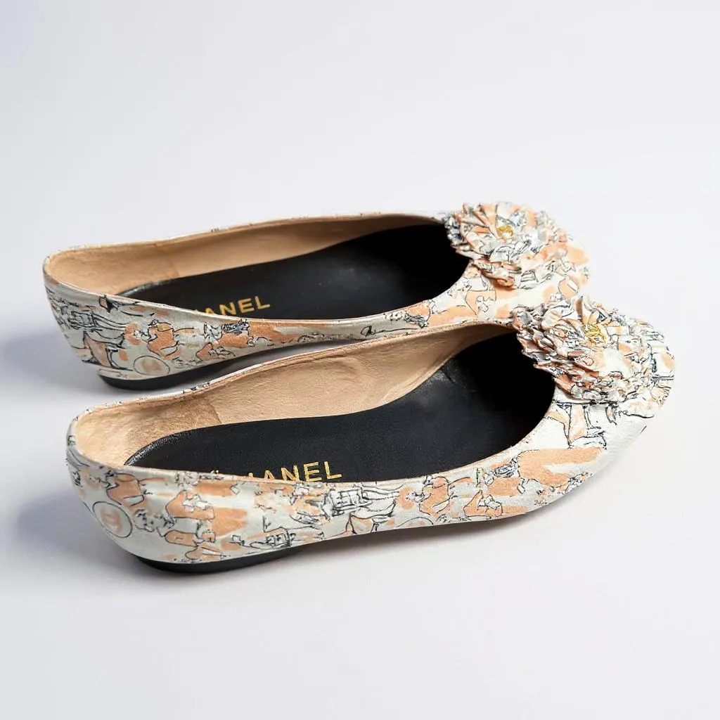 Chanel Camellia-Embellished Printed Ballet Flats – UK 5 (EU 38)