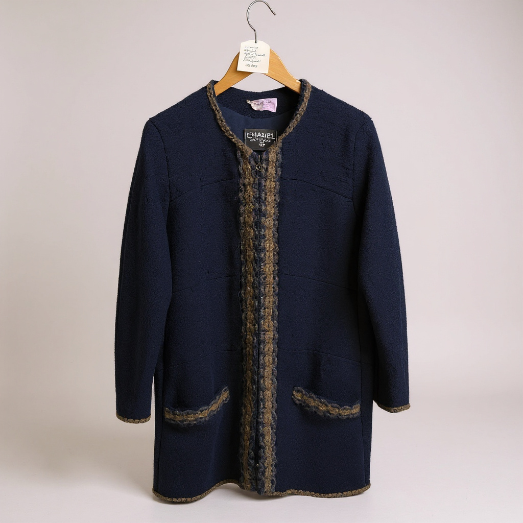 Chanel Wool Longline Jacket – Navy with Taupe Trim (UK 14)