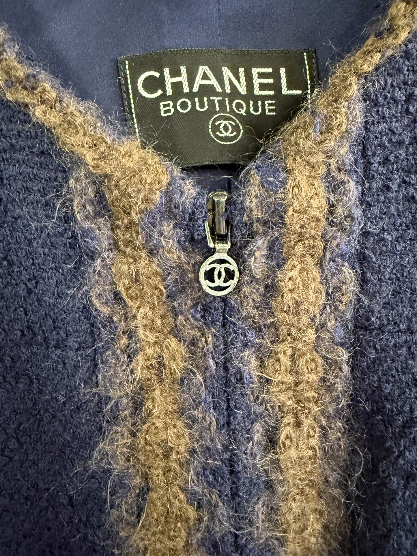 Chanel Wool Longline Jacket – Navy with Taupe Trim (UK 14)