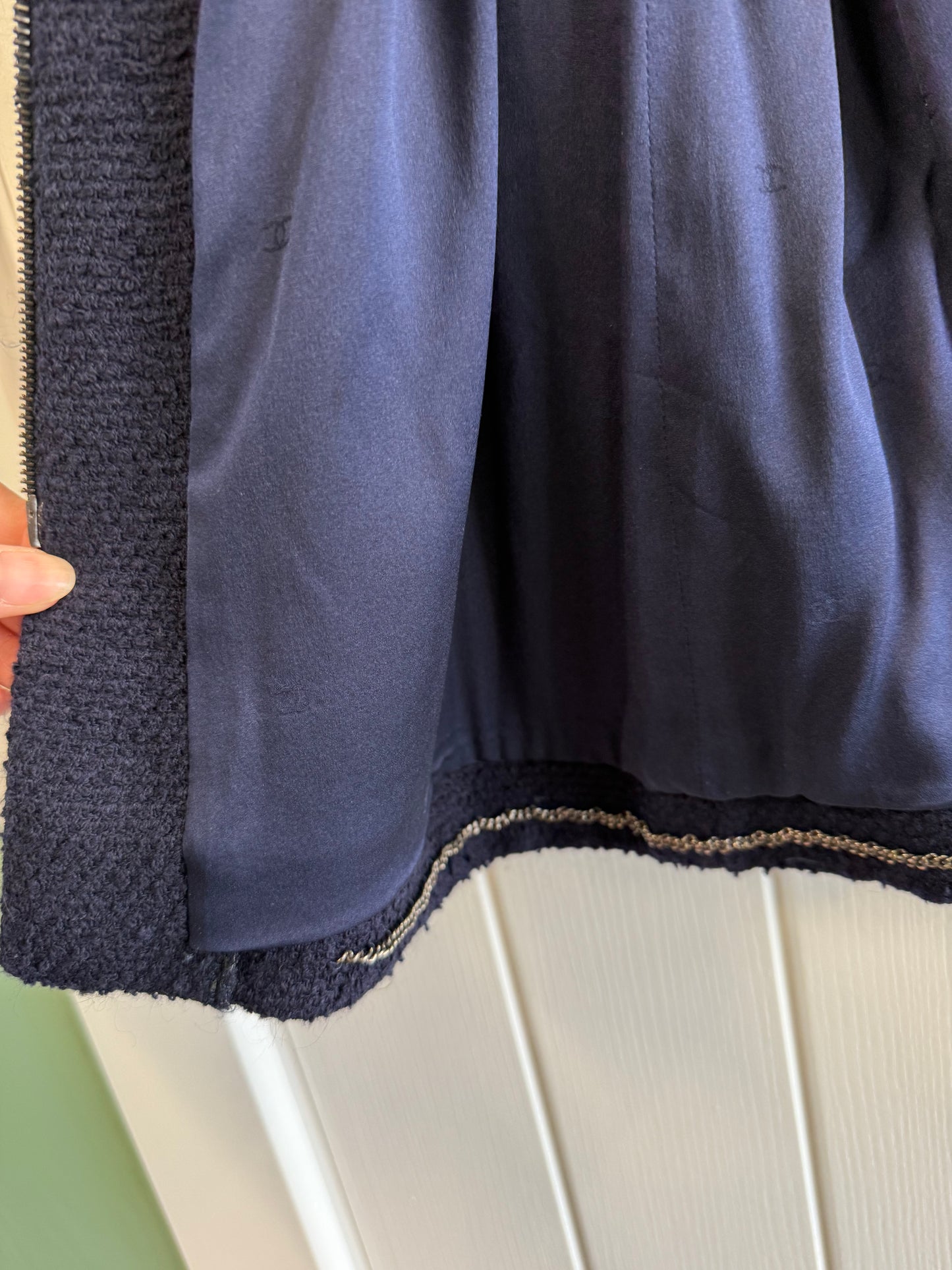 Chanel Wool Longline Jacket – Navy with Taupe Trim (UK 14)