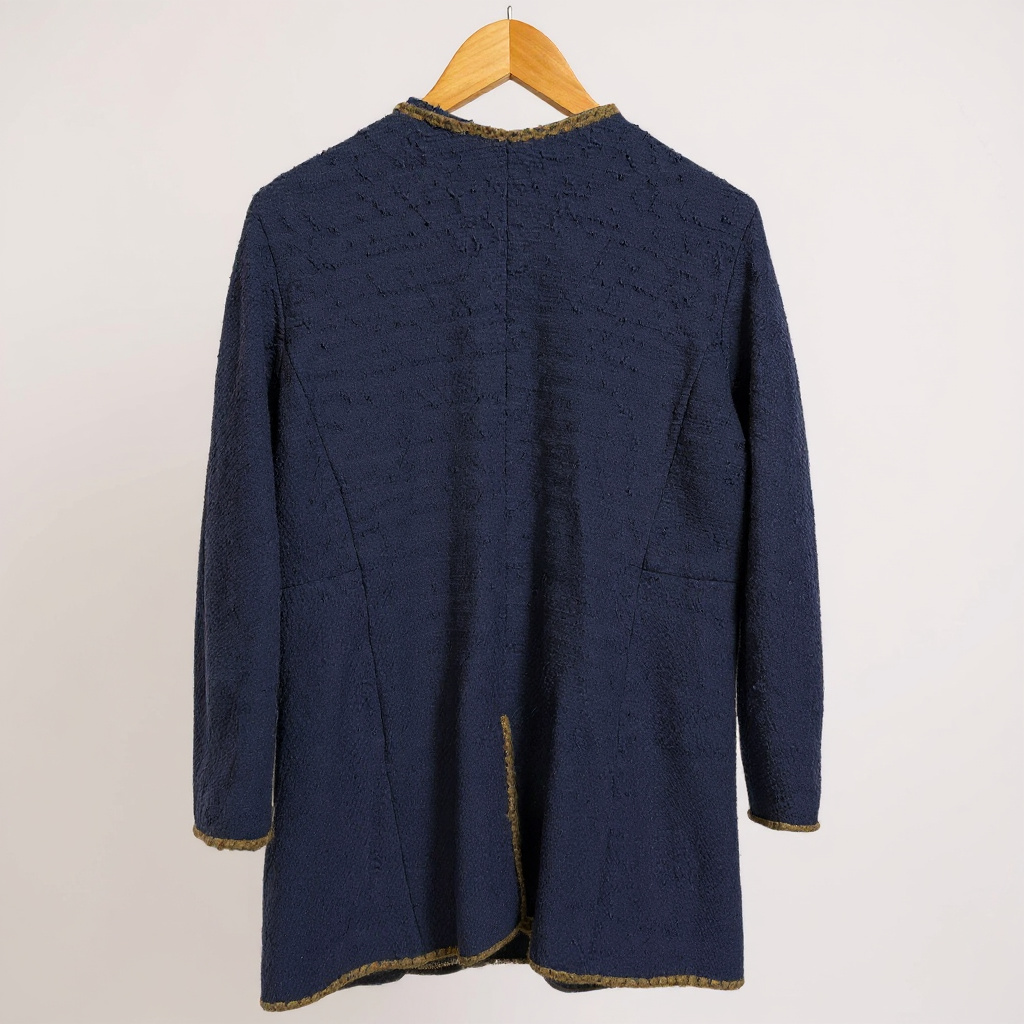 Chanel Wool Longline Jacket – Navy with Taupe Trim (UK 14)