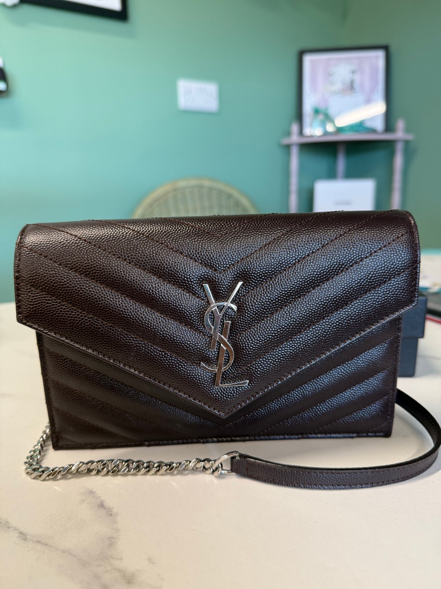 Saint Laurent Cassandra Chain Wallet- chocolate brown