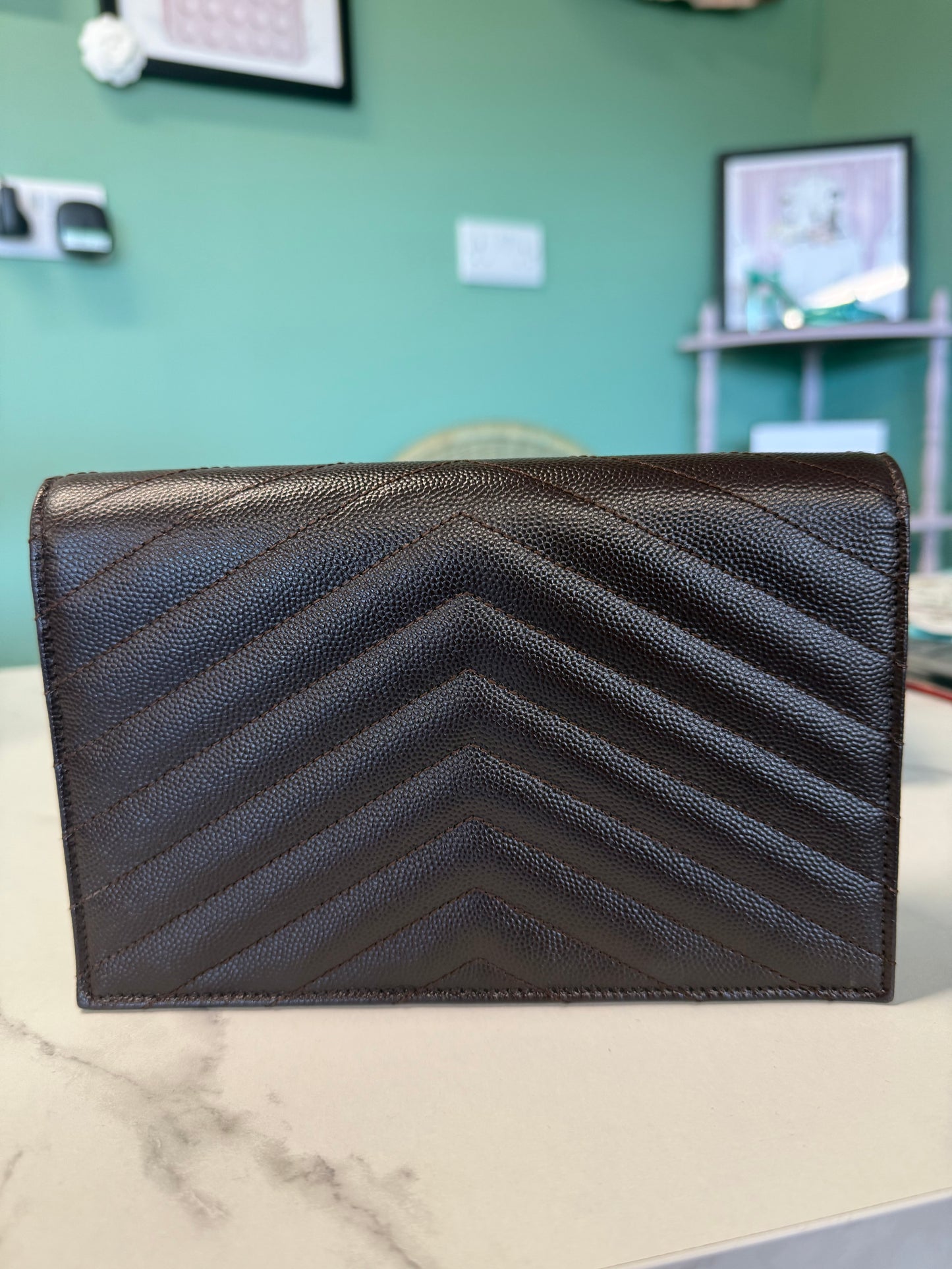 Saint Laurent Cassandra Chain Wallet- chocolate brown