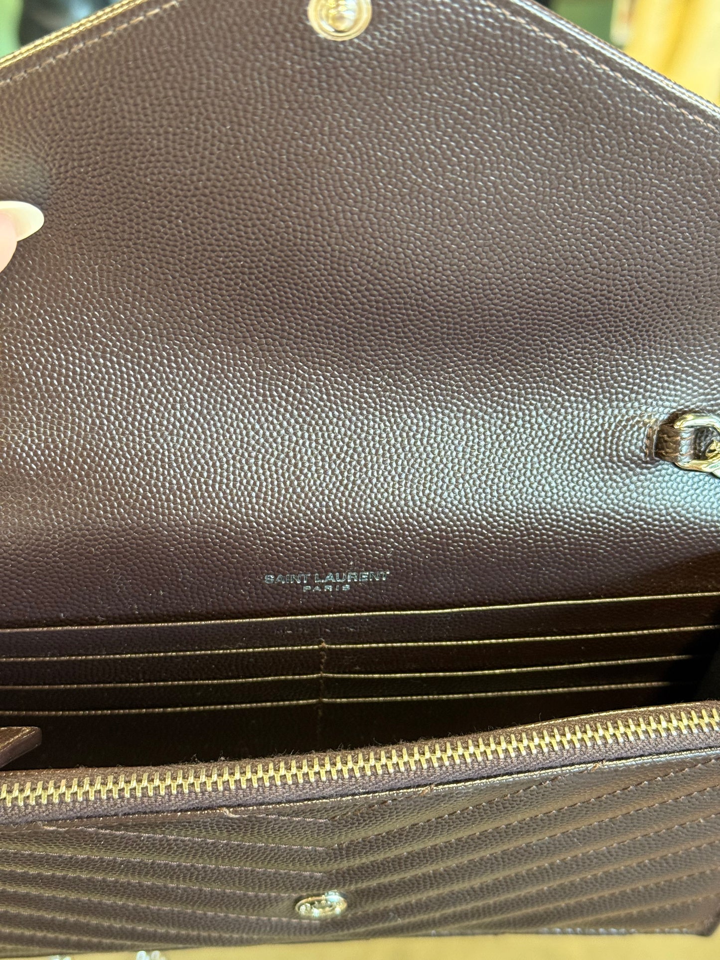 Saint Laurent Cassandra Chain Wallet- chocolate brown