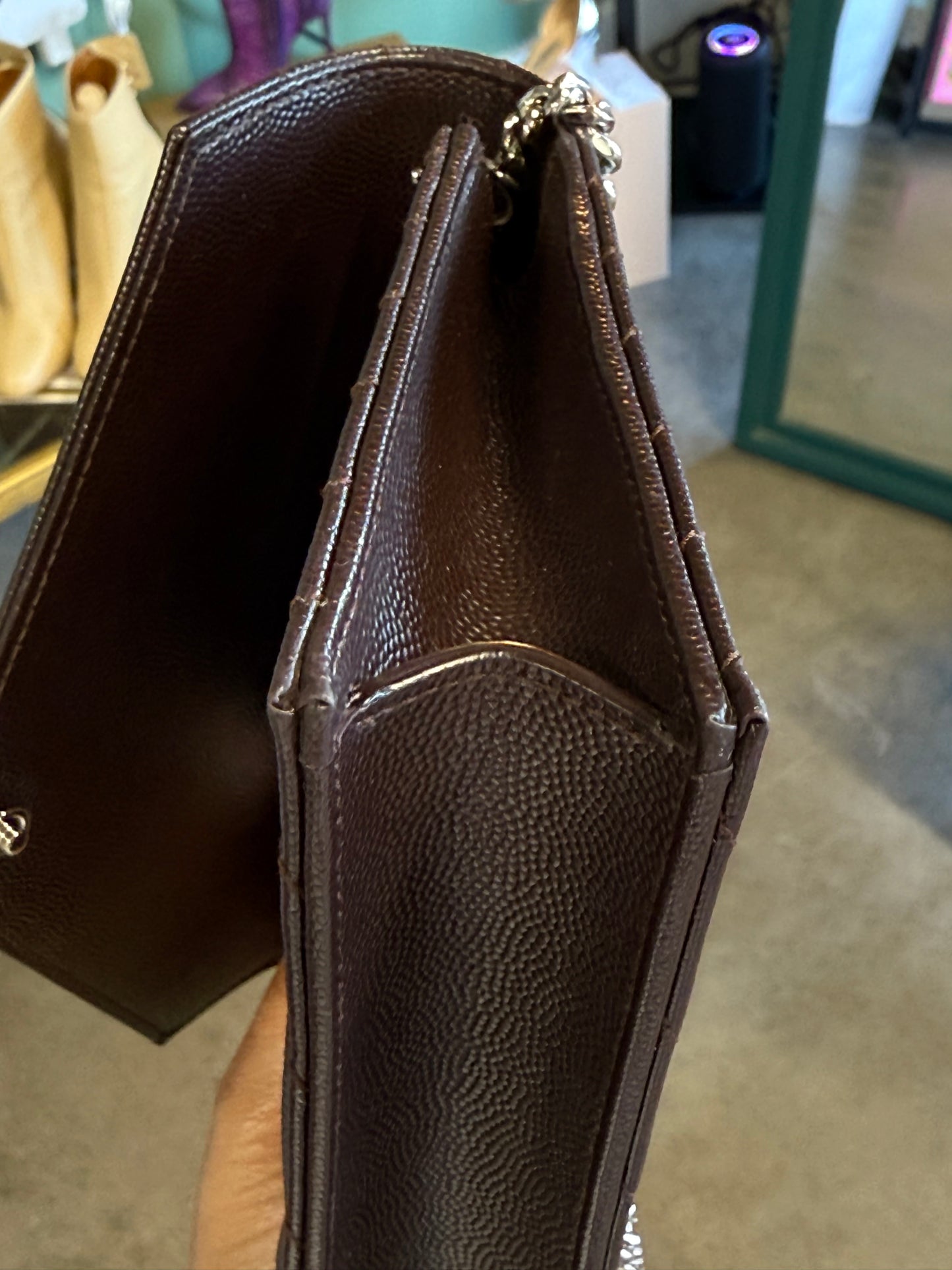 Saint Laurent Cassandra Chain Wallet- chocolate brown