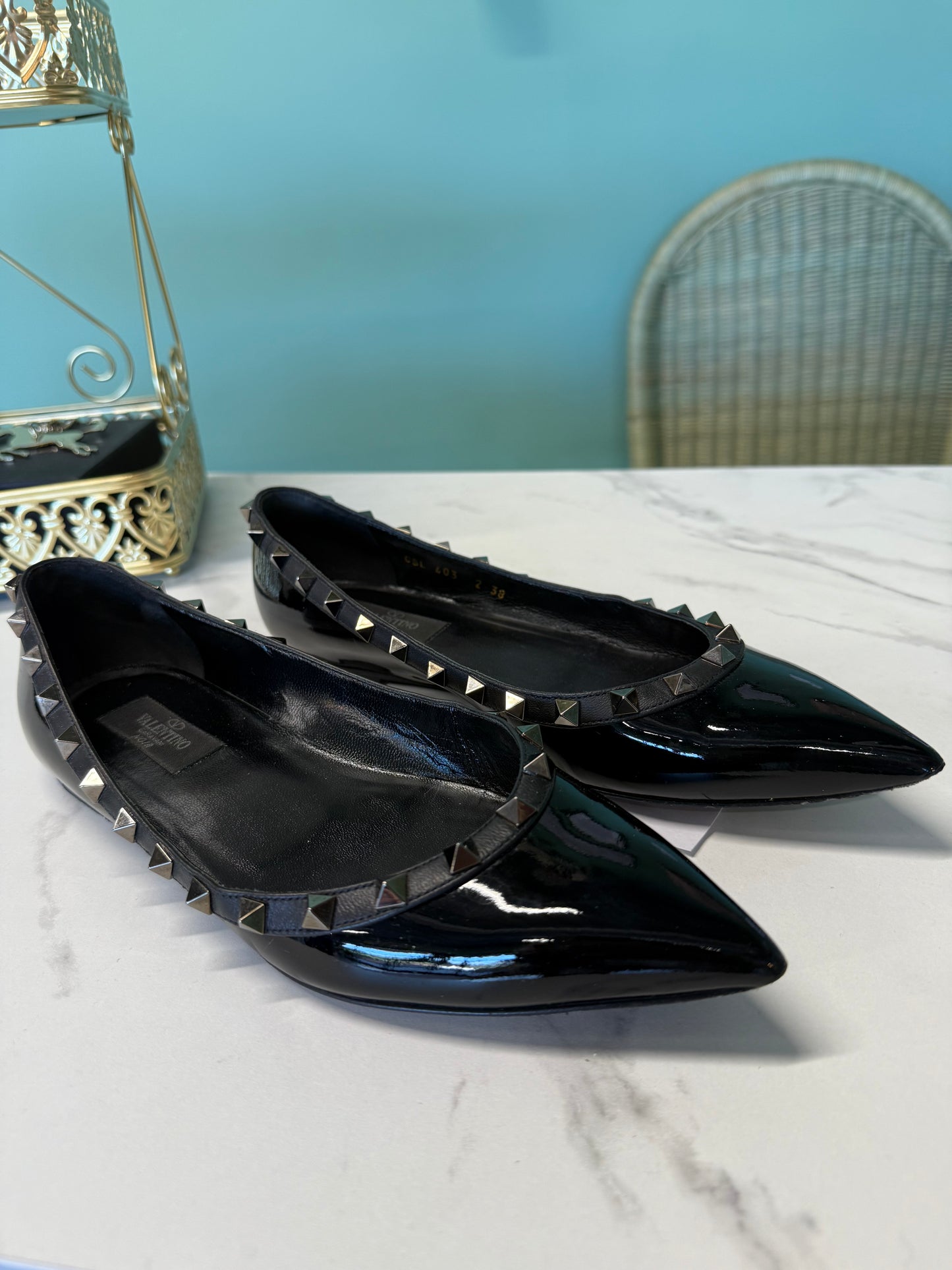 Valentino Garavani Rockstud Flats in Black Patent – UK 5.