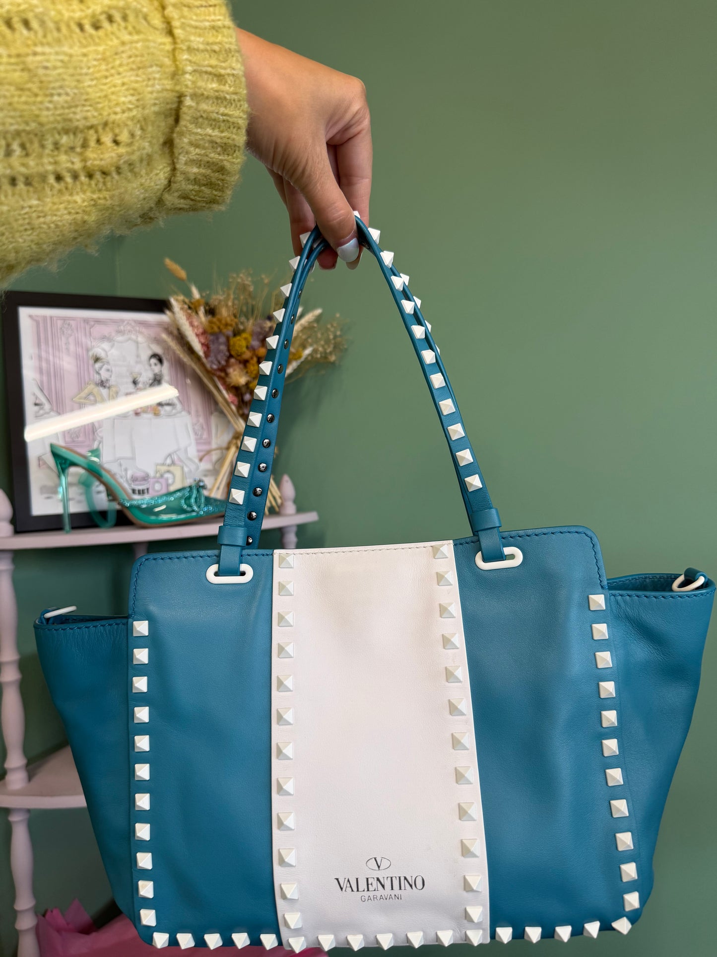Valentino Garavani Rockstud Tote Bag in Blue and White Leather
