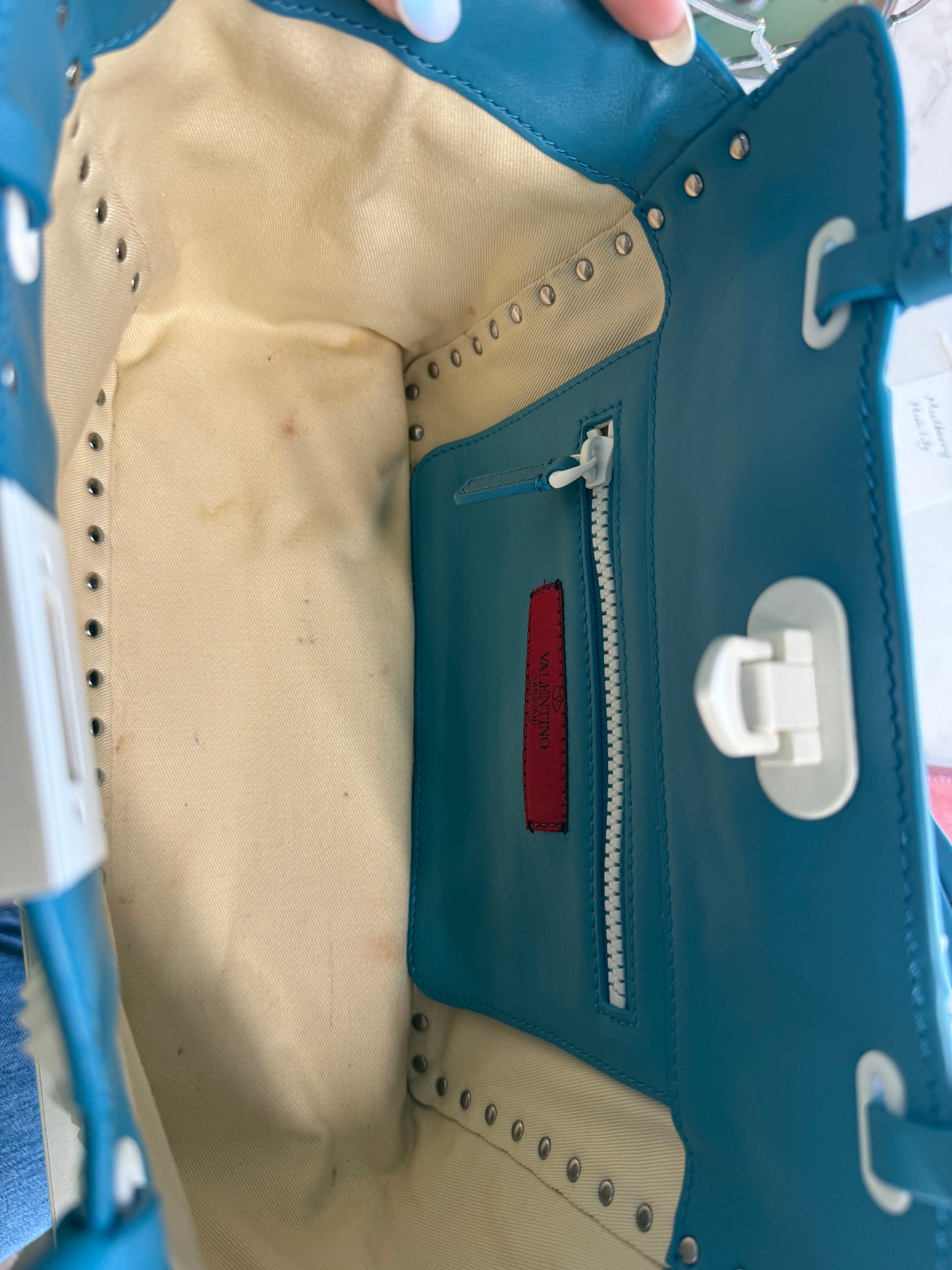 Valentino Garavani Rockstud Tote Bag in Blue and White Leather