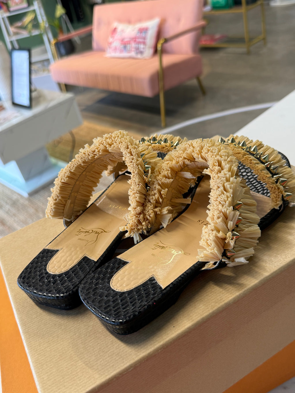 Christian Louboutin Raffia Studden Slides UK5