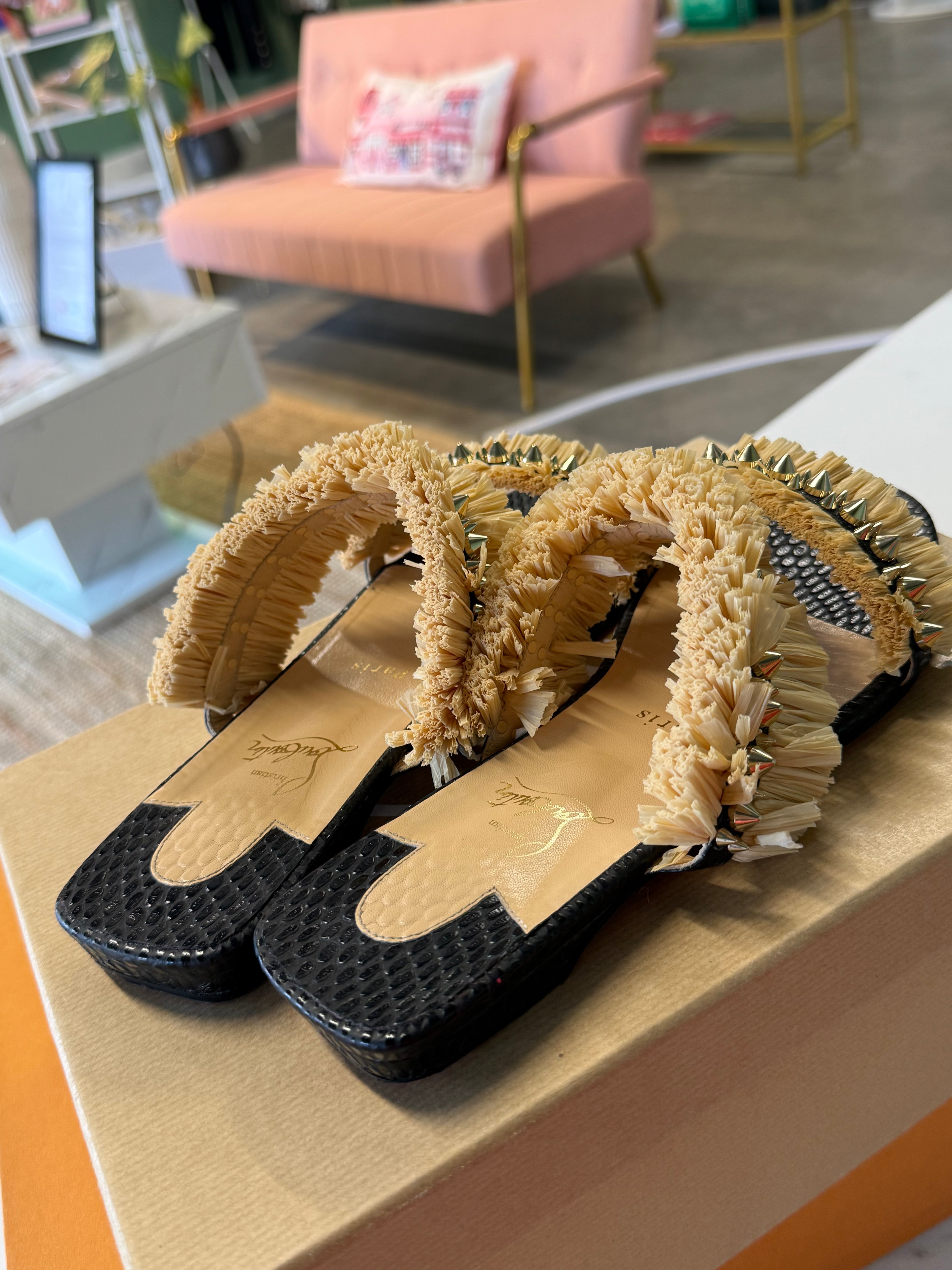 Christian Louboutin Raffia Studden Slides UK5