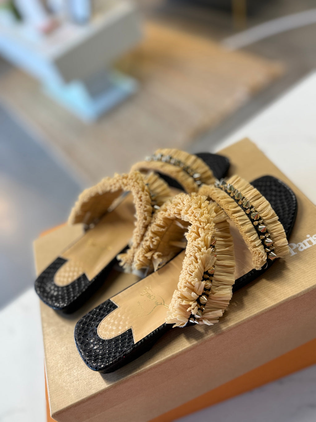 Christian Louboutin Raffia Studden Slides UK5