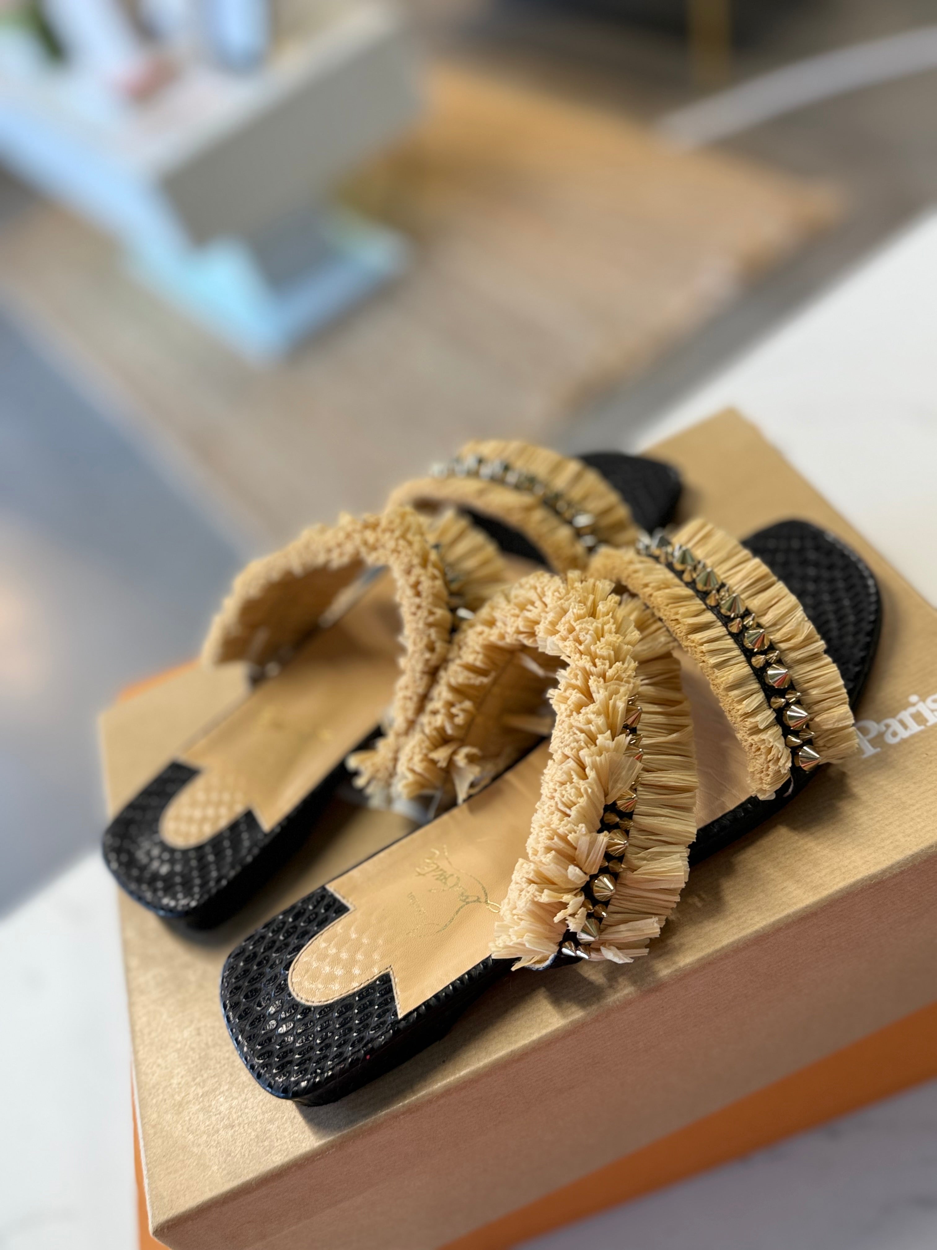 Christian Louboutin Raffia Studden Slides UK5