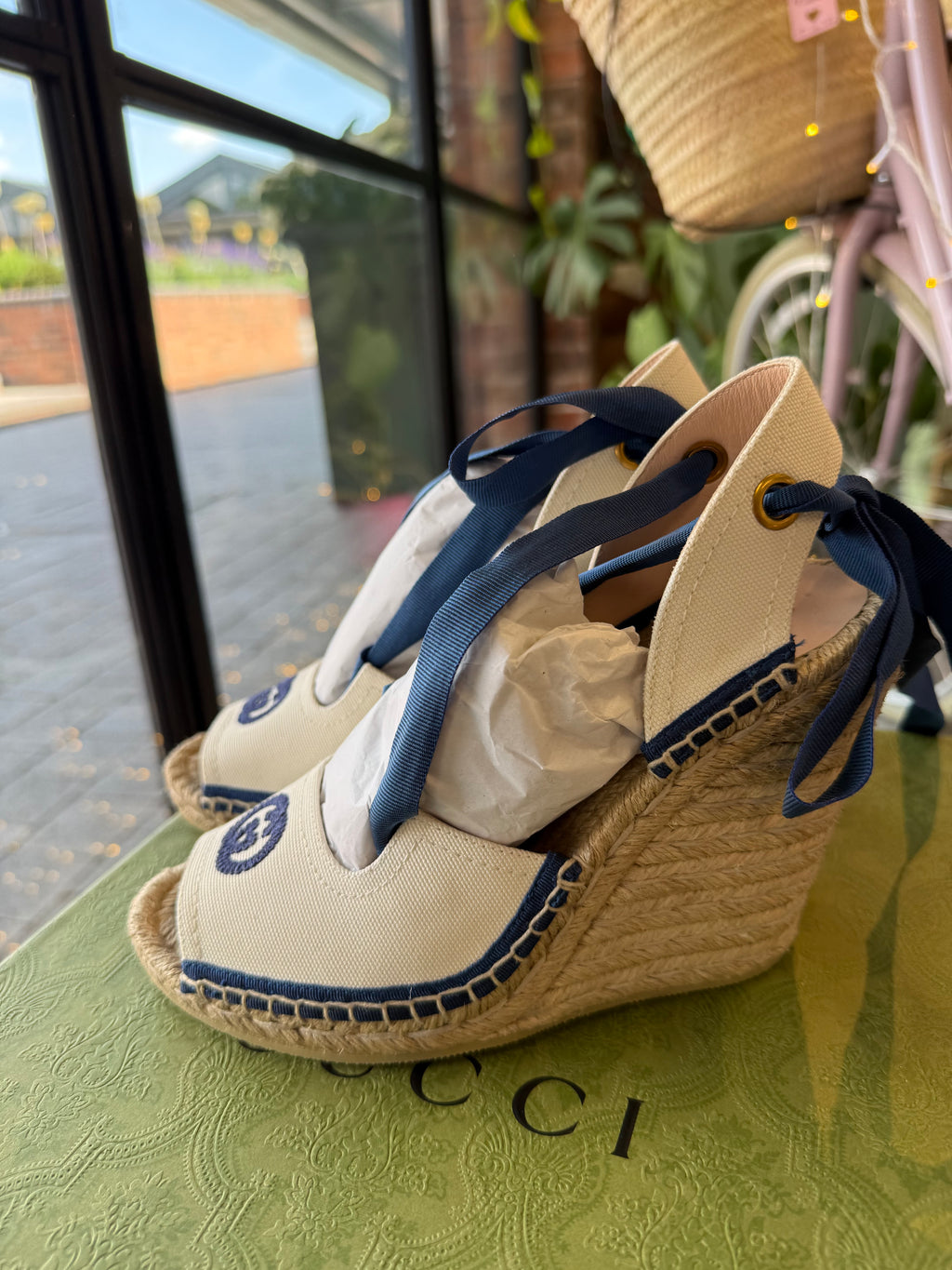 Gucci GG Canvas Lace-Up Espadrille Wedge Sandals – UK 4 (EU 37)