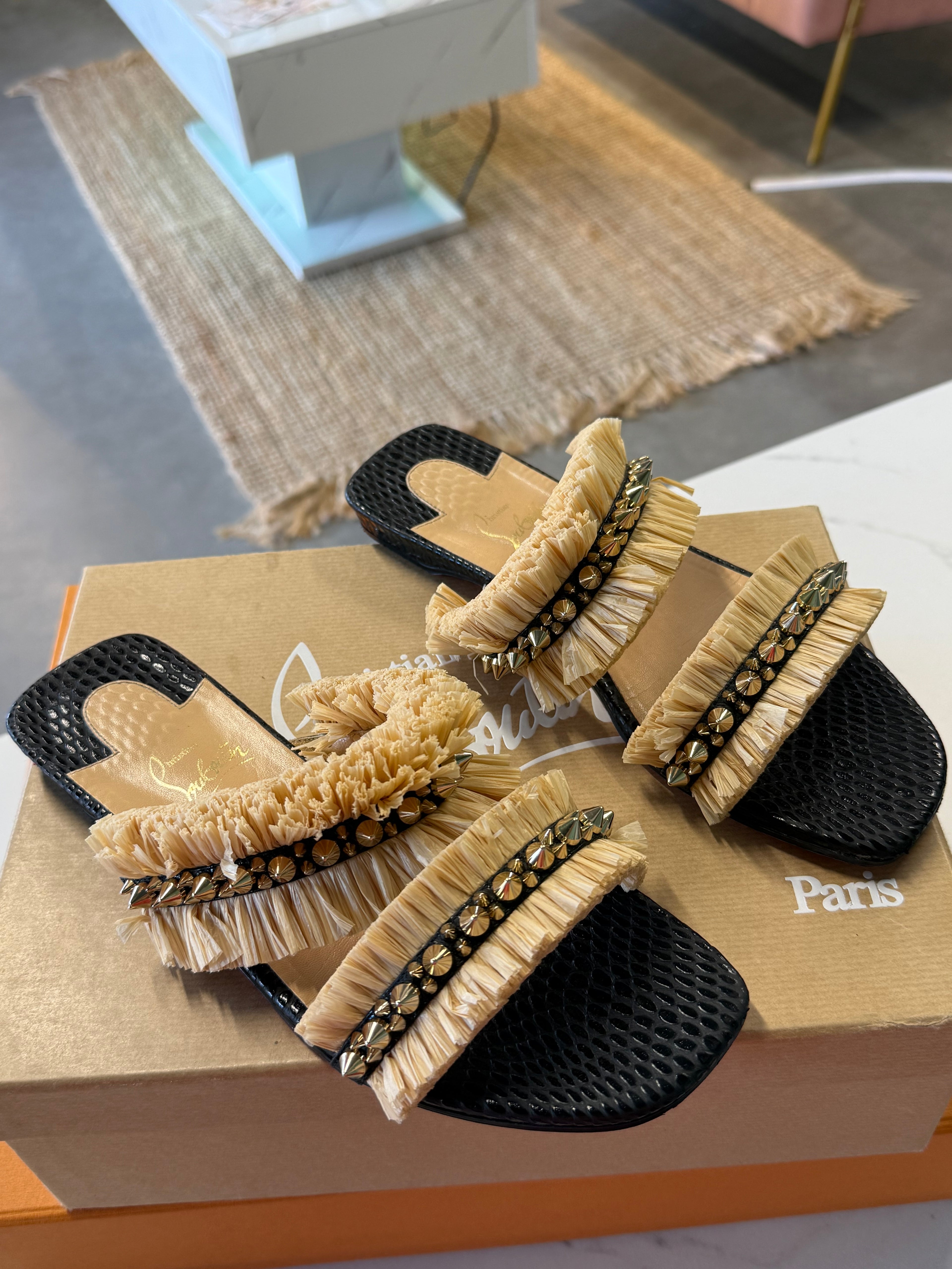 Christian Louboutin Raffia Studden Slides UK5