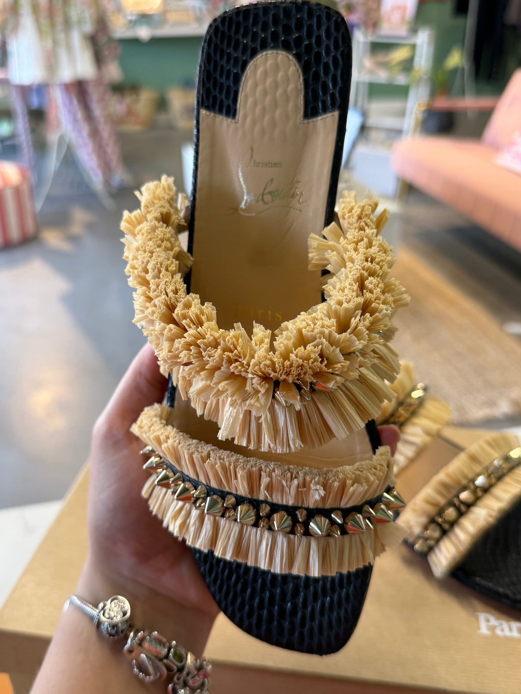 Christian Louboutin Raffia Studden Slides UK5