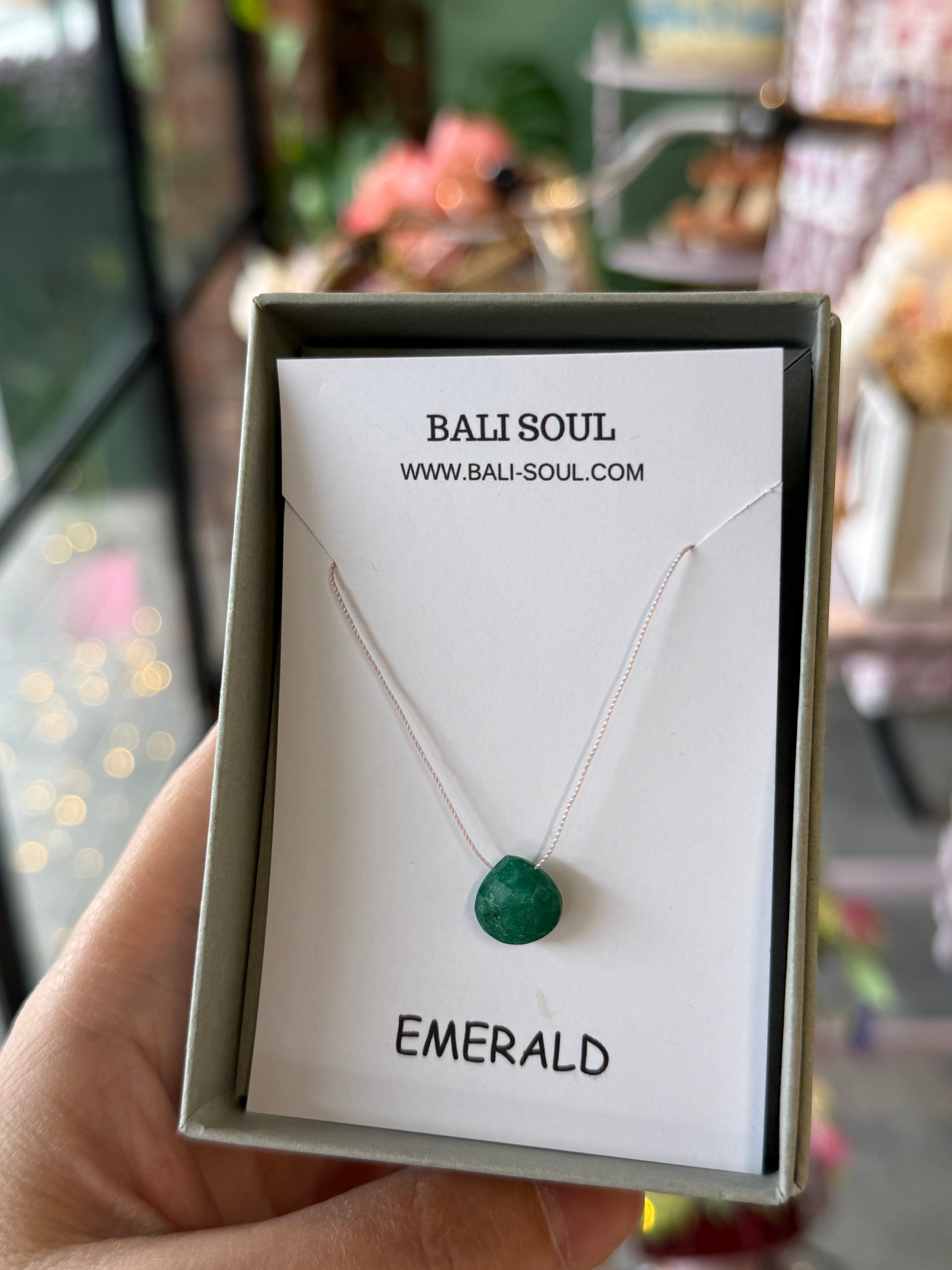 Bali Soul- Emerald Silk Cord Necklace, May Birthstone
