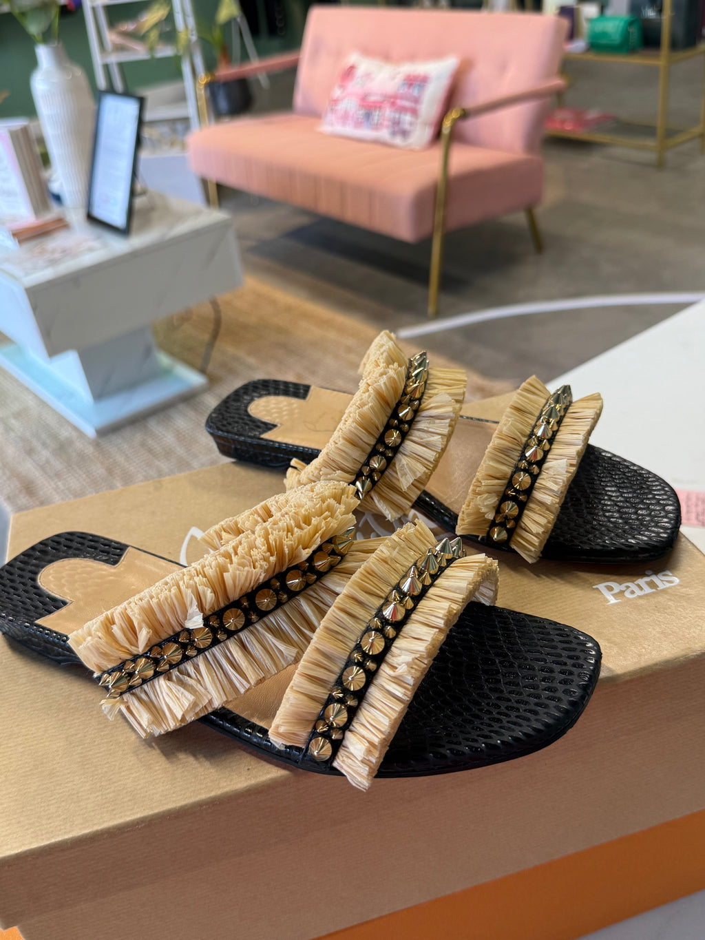 Christian Louboutin Raffia Studden Slides UK5