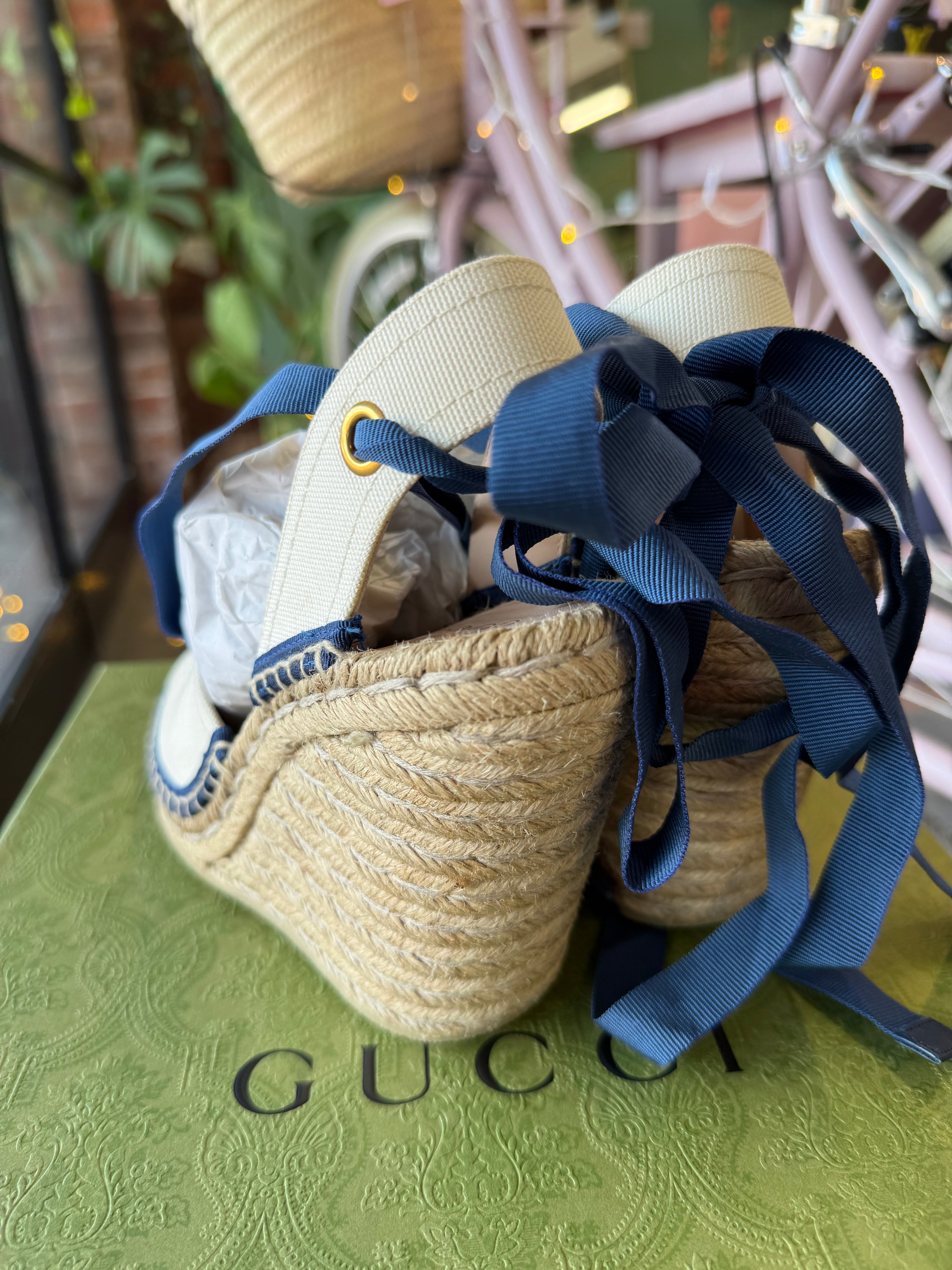 Gucci GG Canvas Lace-Up Espadrille Wedge Sandals – UK 4 (EU 37)