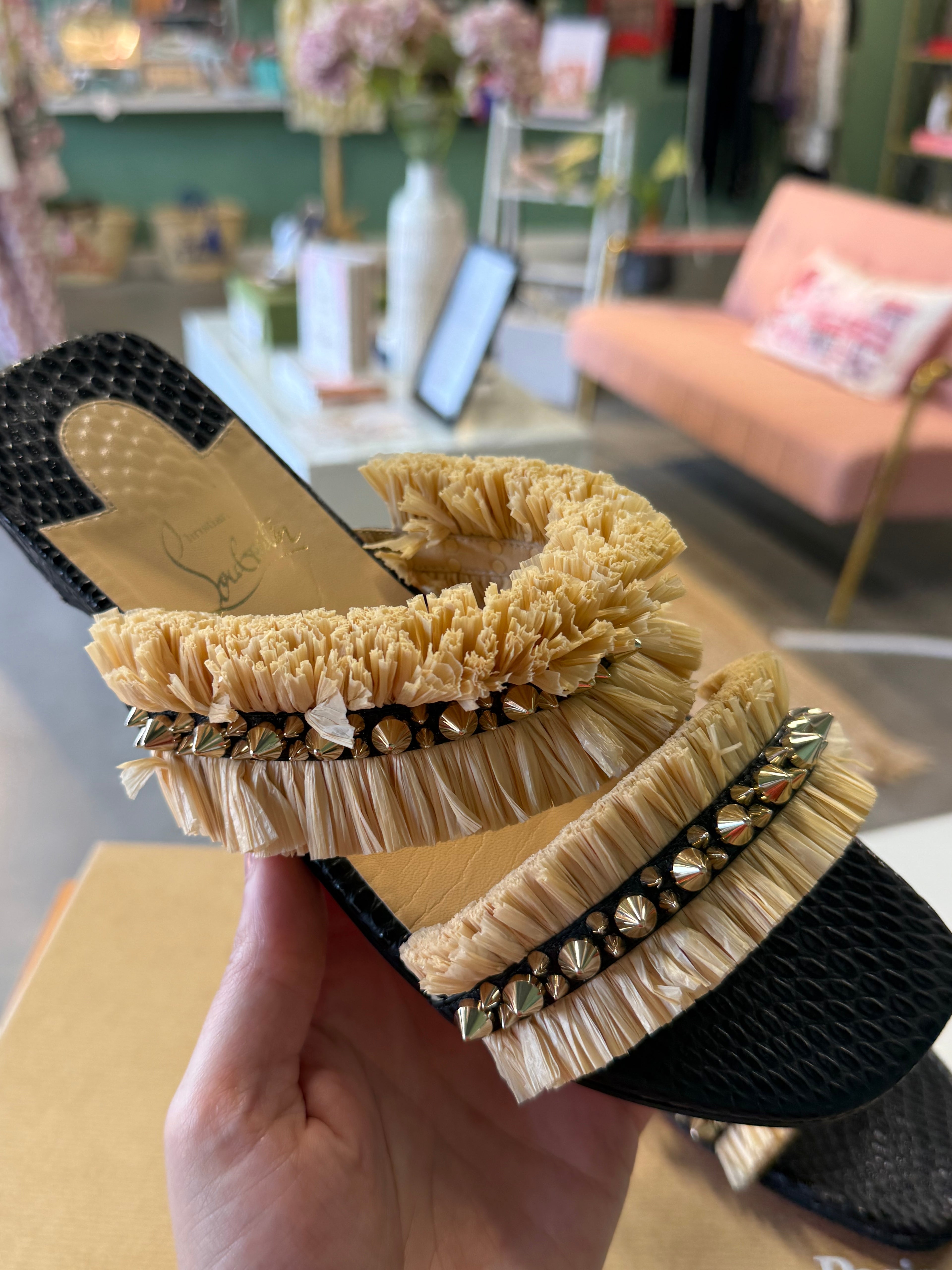Christian Louboutin Raffia Studden Slides UK5