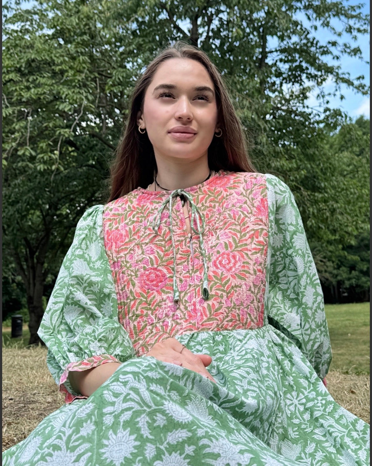 Green Bib Block Print Dress