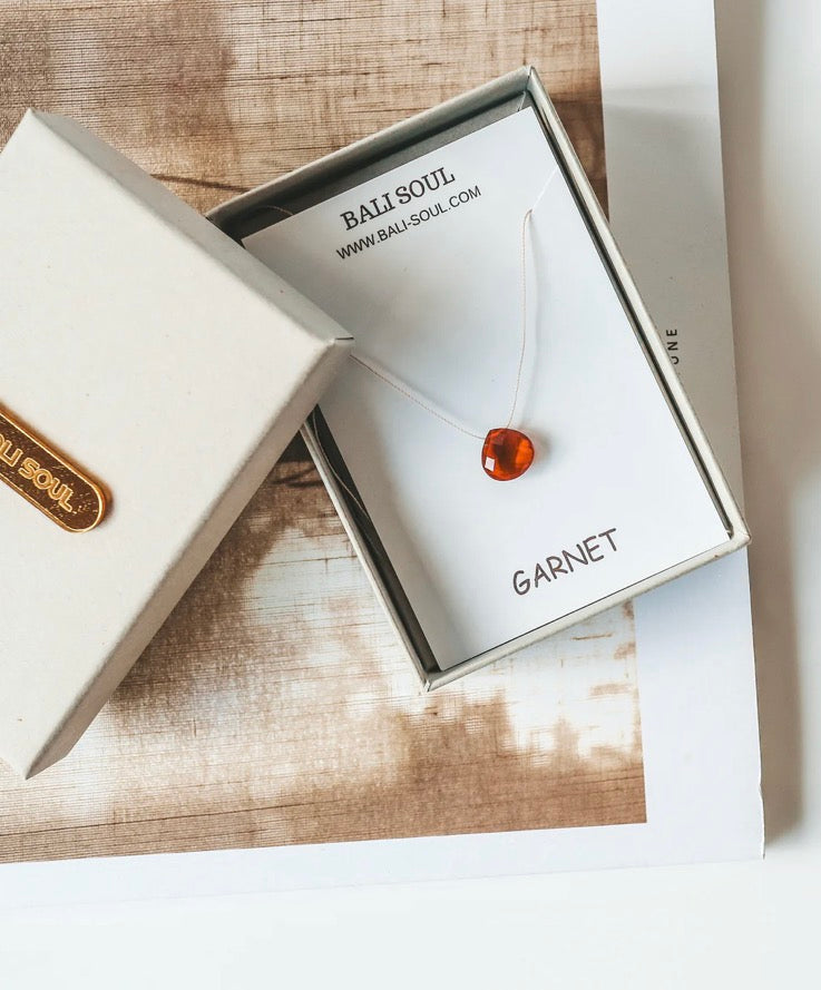 Bali Soul- Garnet Floating Silk Cord Necklace, January Birthstone