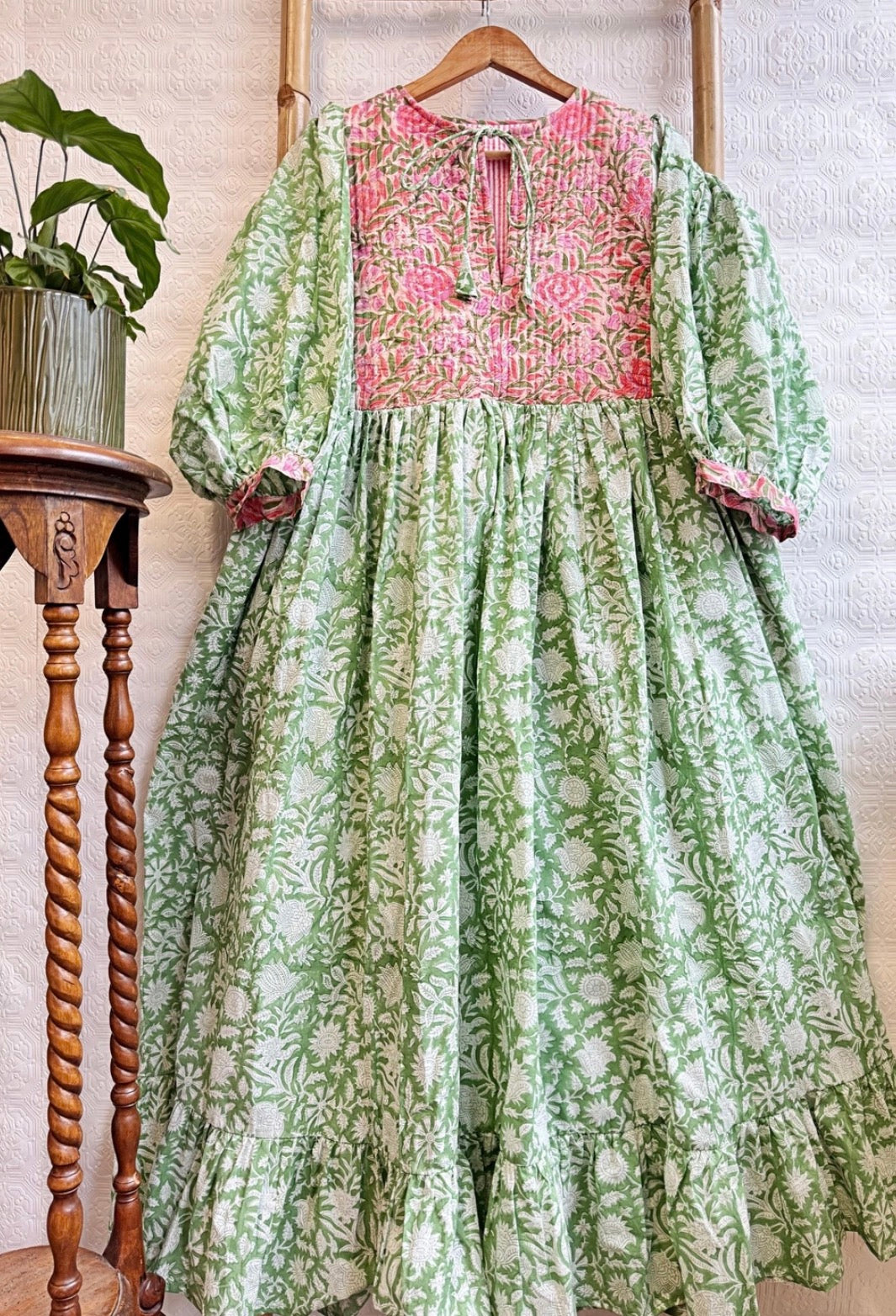 Green Bib Block Print Dress