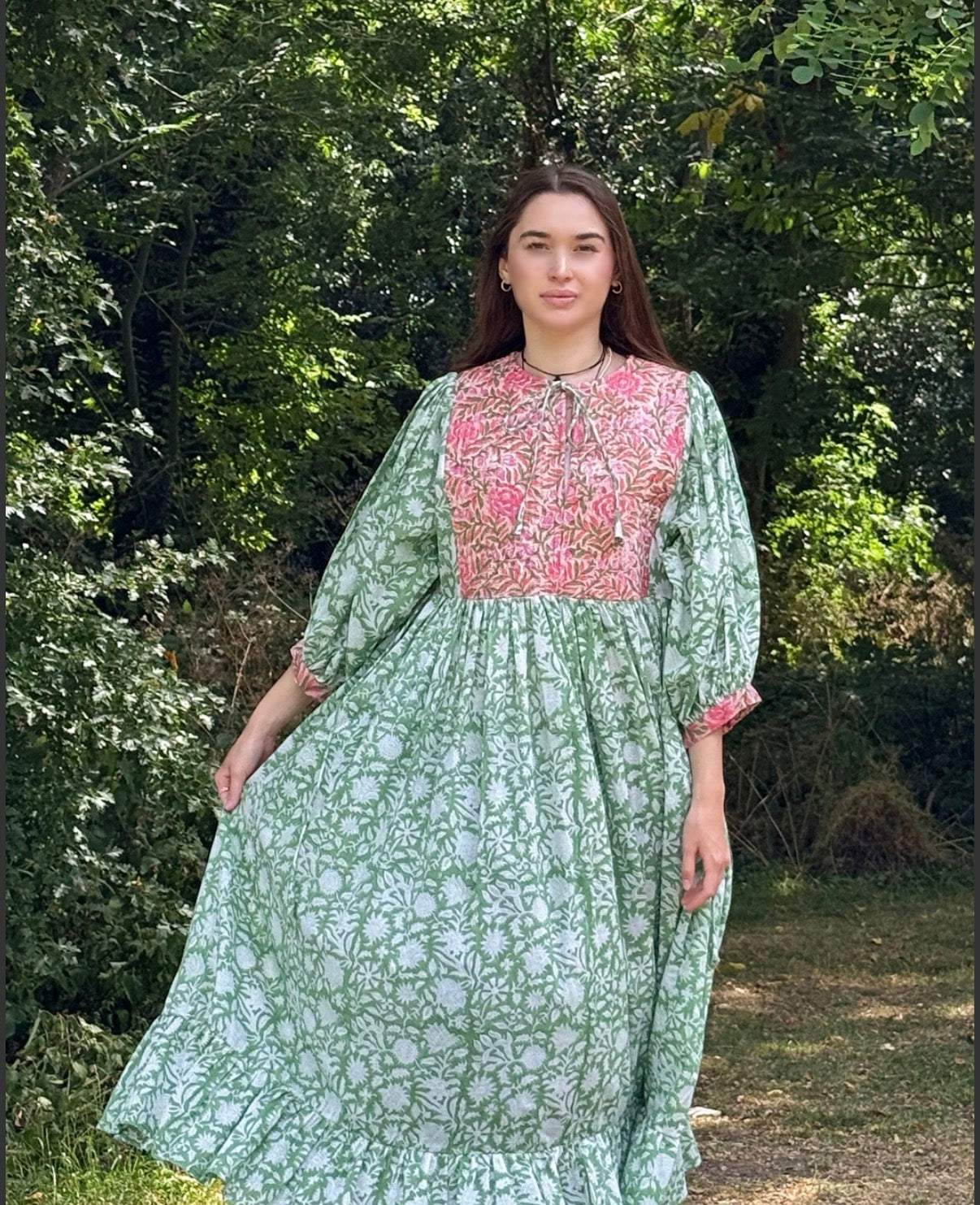 Green Bib Block Print Dress