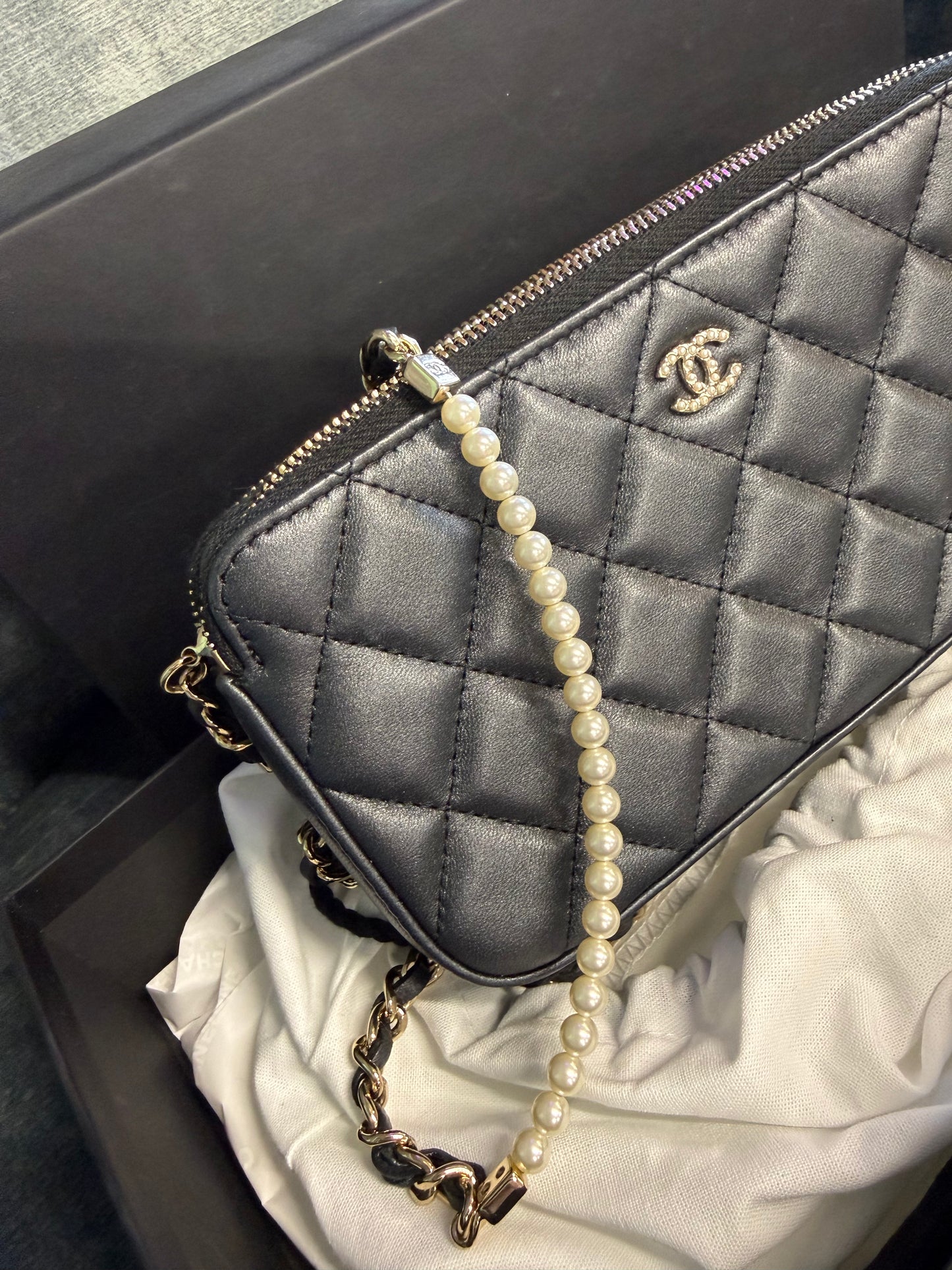 Chanel quilted leather pouch on chain- pearl madamoiselle