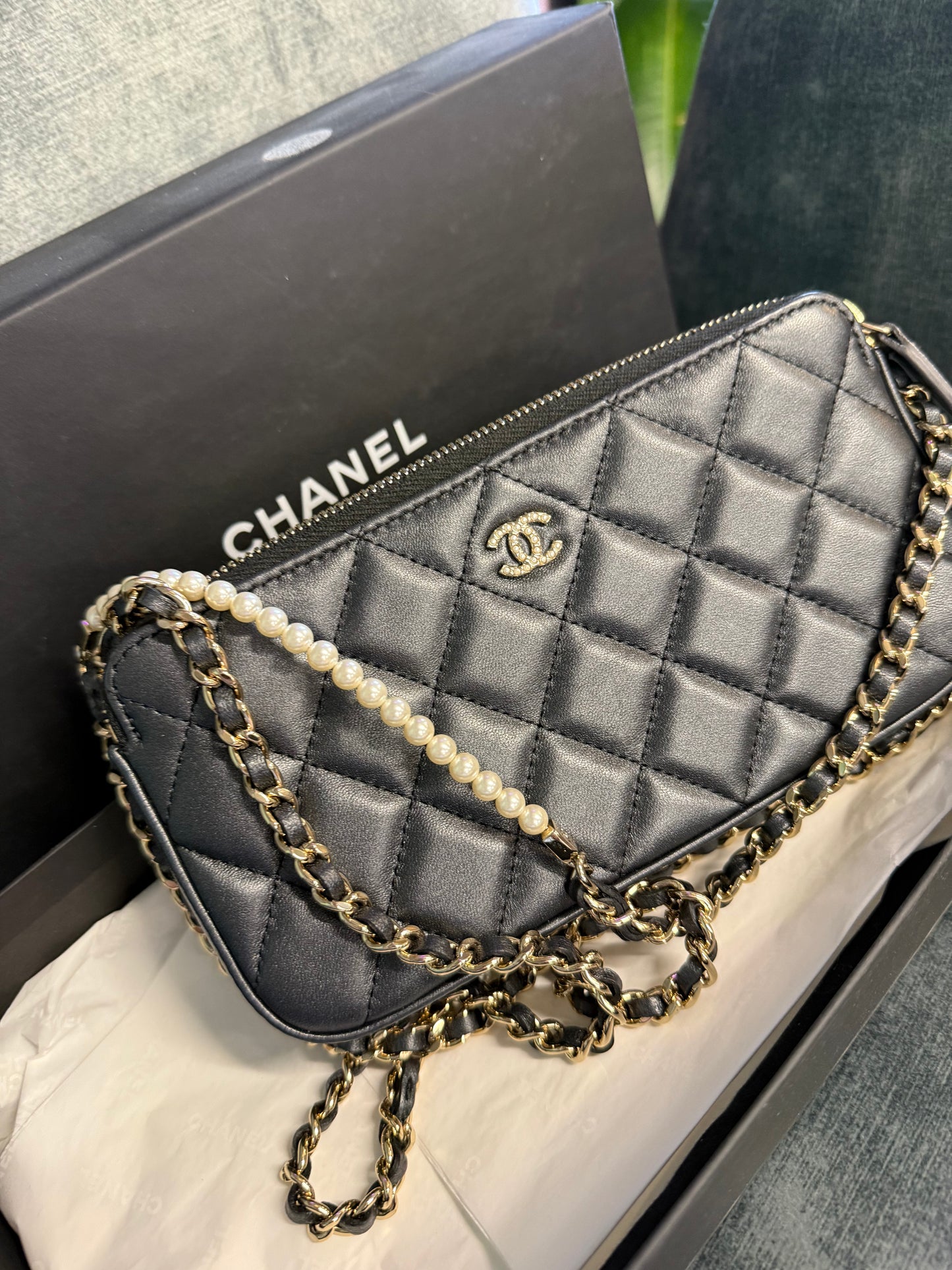 Chanel quilted leather pouch on chain- pearl madamoiselle