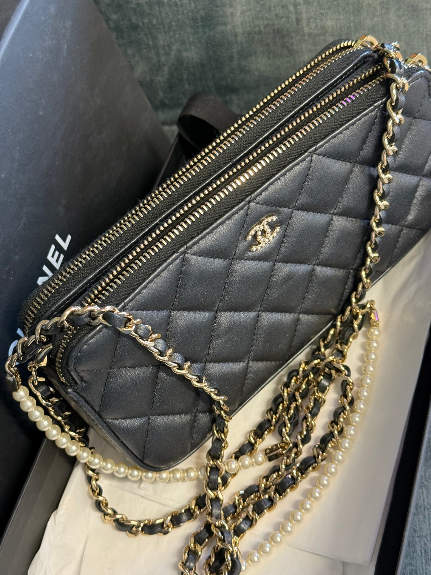 Chanel quilted leather pouch on chain- pearl madamoiselle