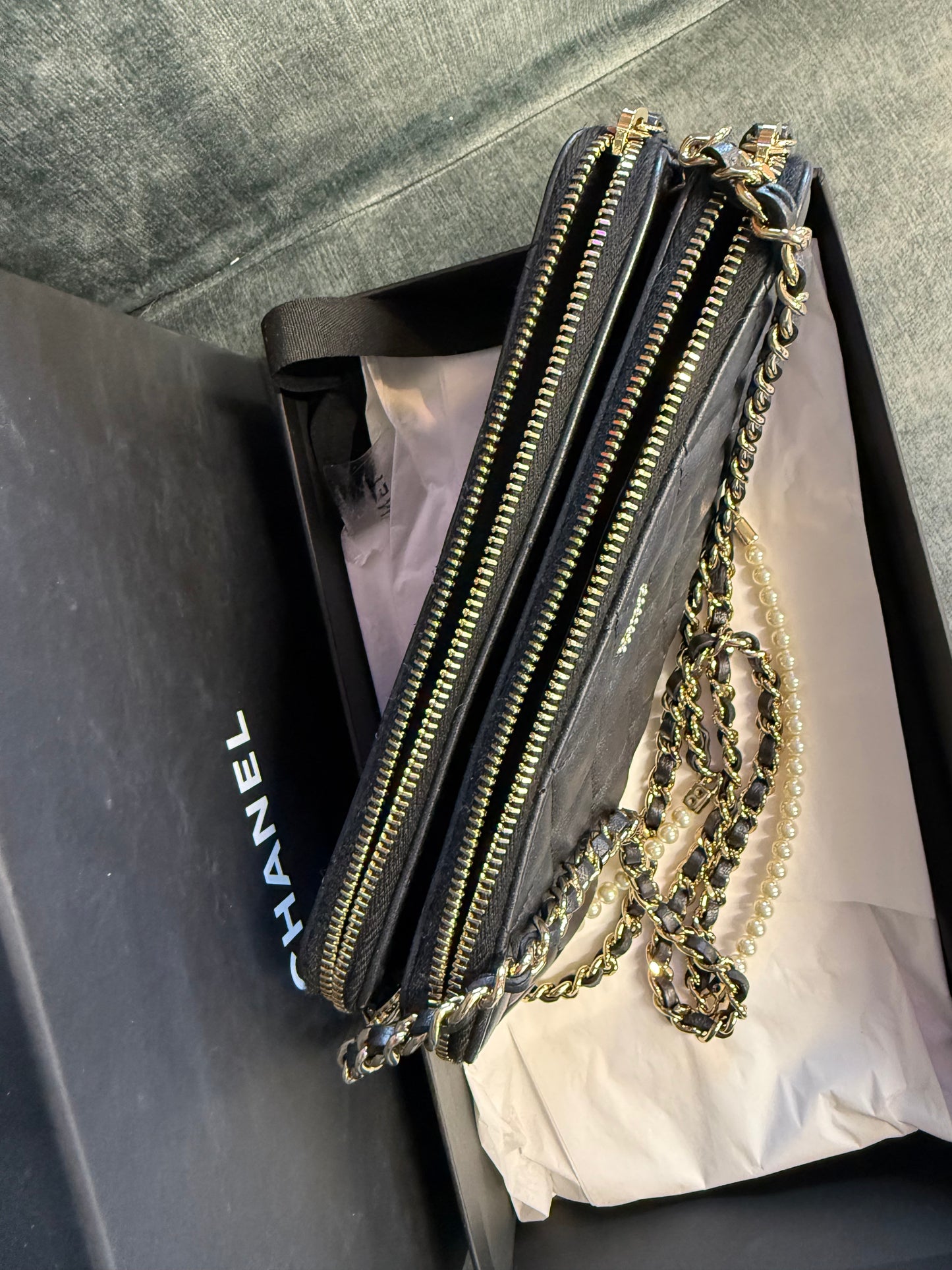 Chanel quilted leather pouch on chain- pearl madamoiselle