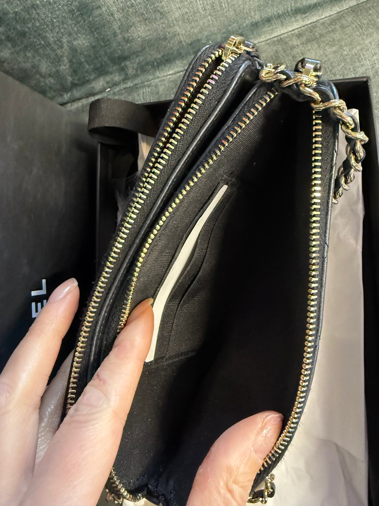 Chanel quilted leather pouch on chain- pearl madamoiselle