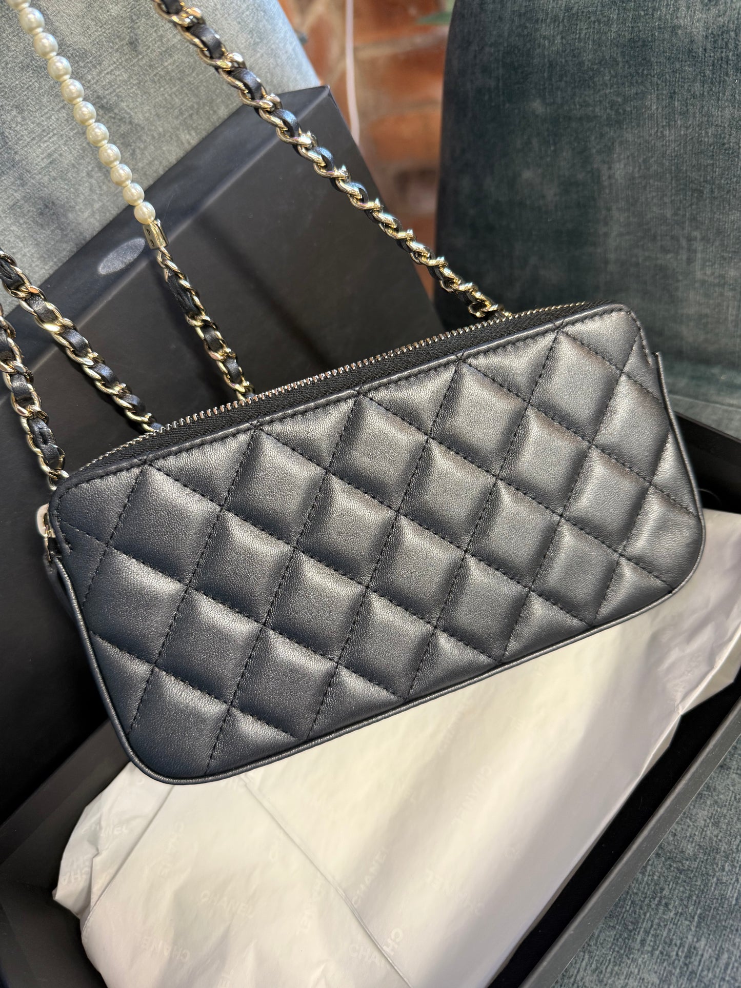 Chanel quilted leather pouch on chain- pearl madamoiselle
