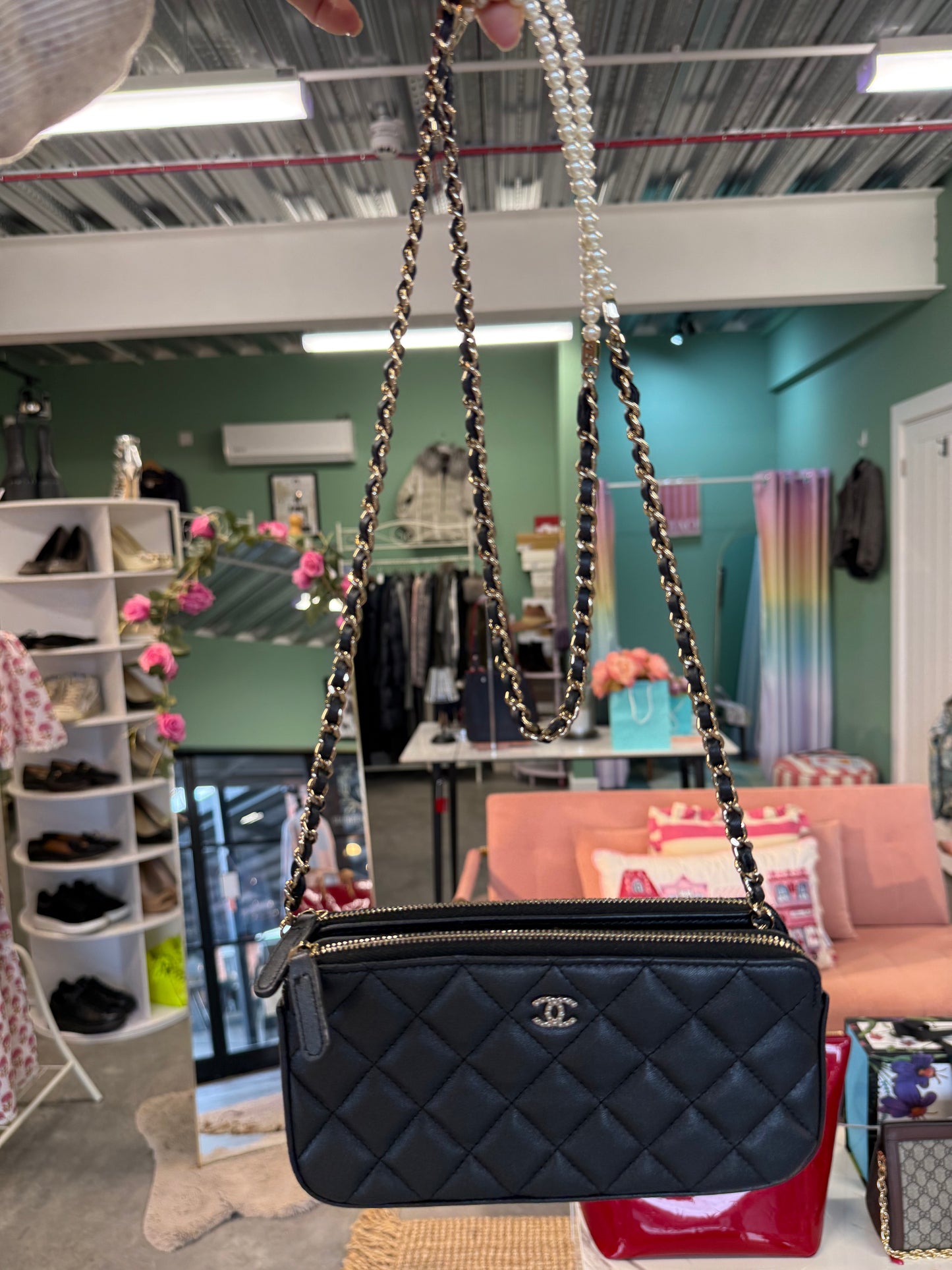 Chanel quilted leather pouch on chain- pearl madamoiselle