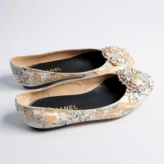 Chanel Camellia-Embellished Printed Ballet Flats – UK 5 (EU 38)