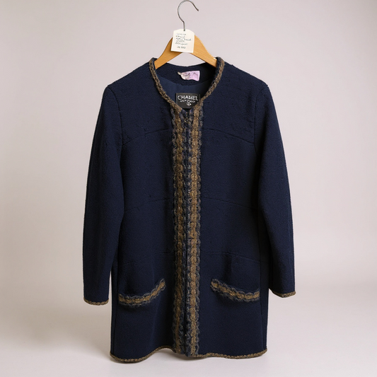 Chanel Wool Longline Jacket – Navy with Taupe Trim (UK 14)