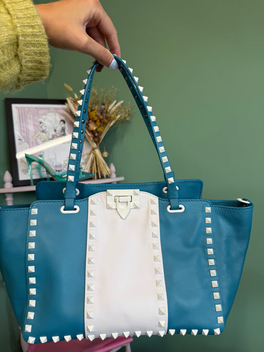 Valentino Garavani Rockstud Tote Bag in Blue and White Leather