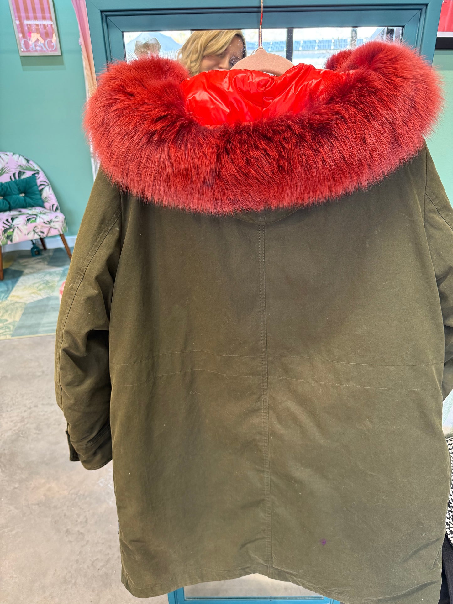 Moncler Faux-Fur Trim Parka Coat – Khaki &amp; Red | UK 10–14 (Medium)