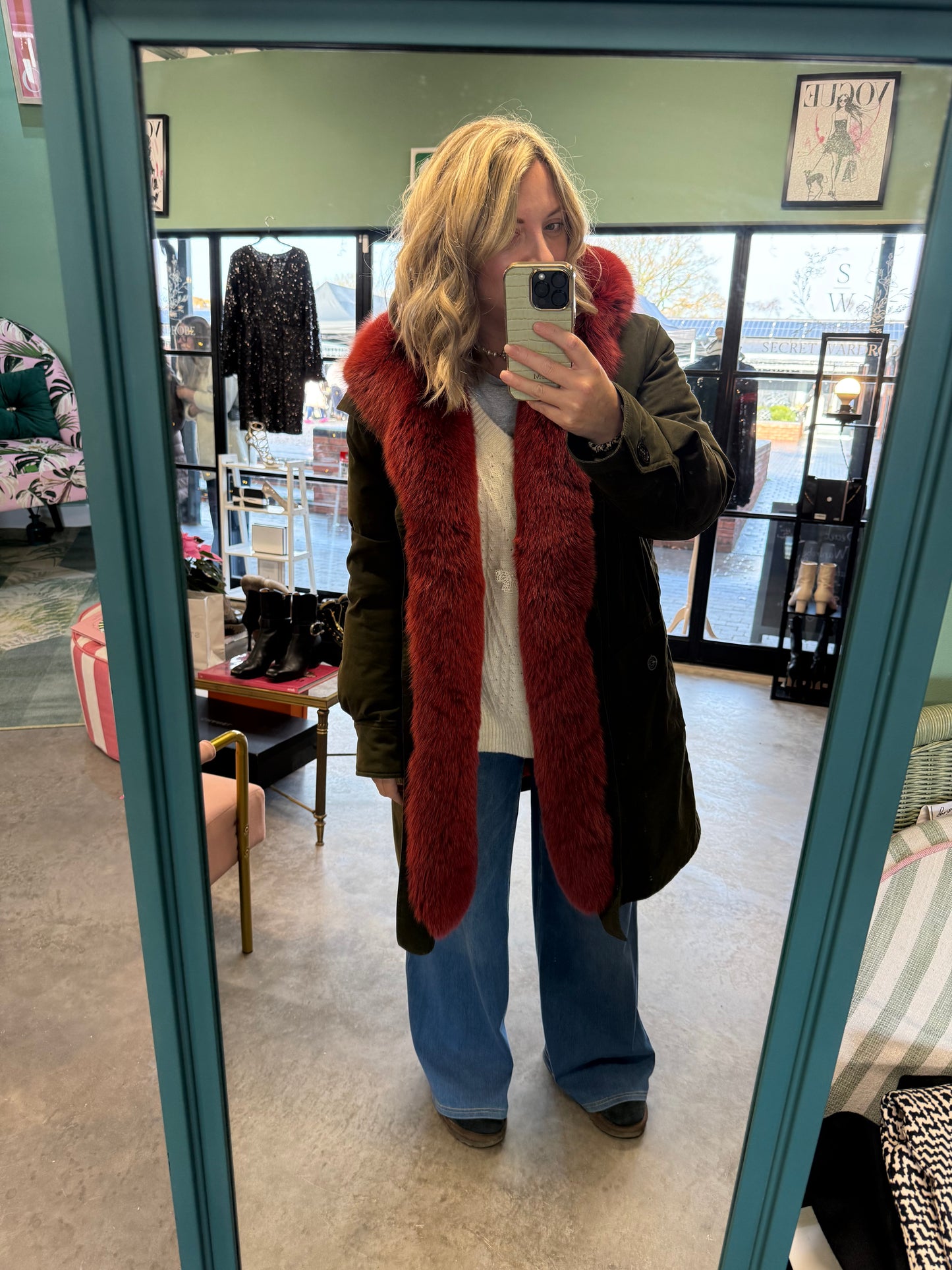 Moncler Faux-Fur Trim Parka Coat – Khaki &amp; Red | UK 10–14 (Medium)