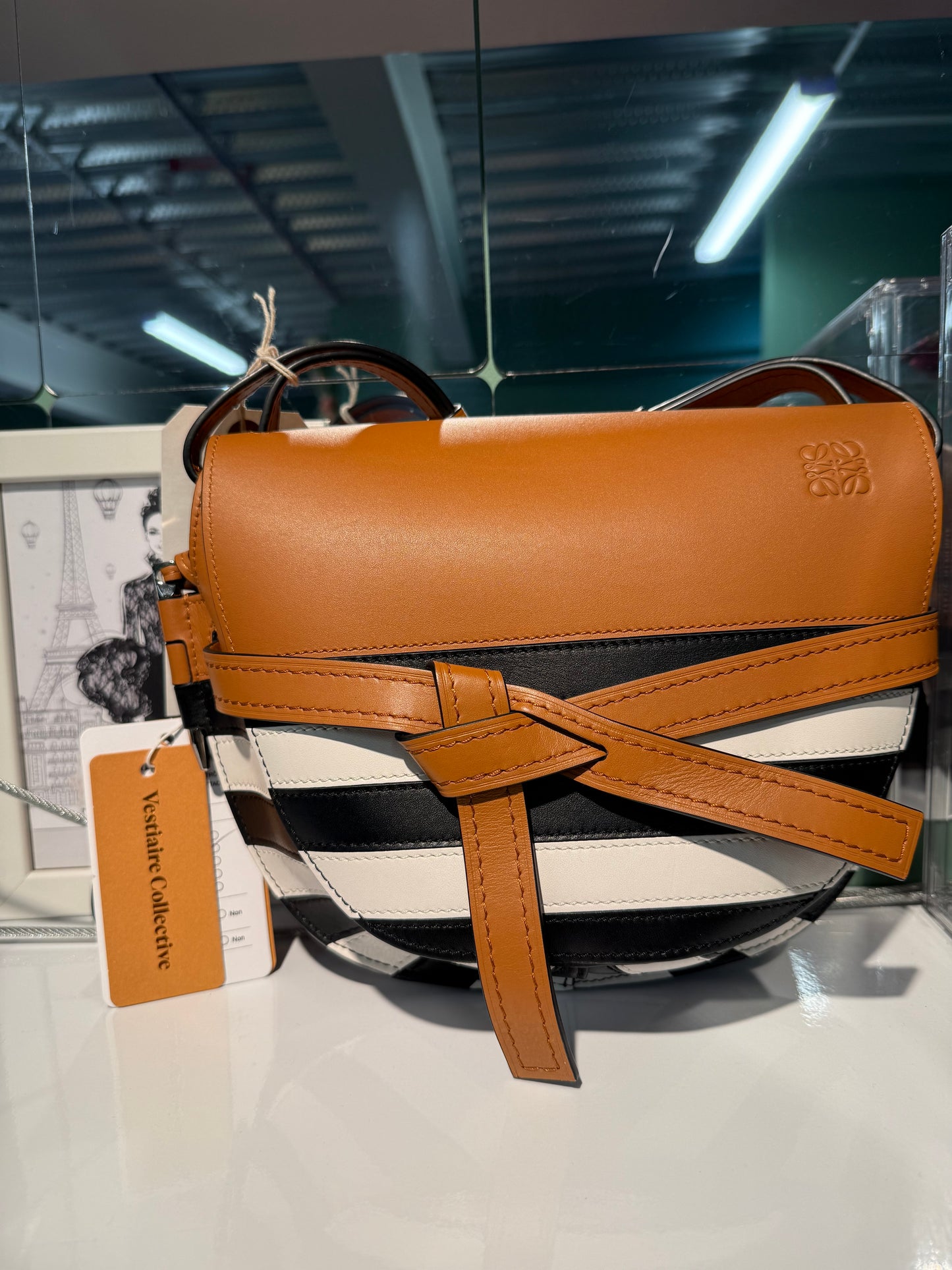 Loewe Gate Medium Stripe Crossbody / Shoulder Bag – Tan, Black & White