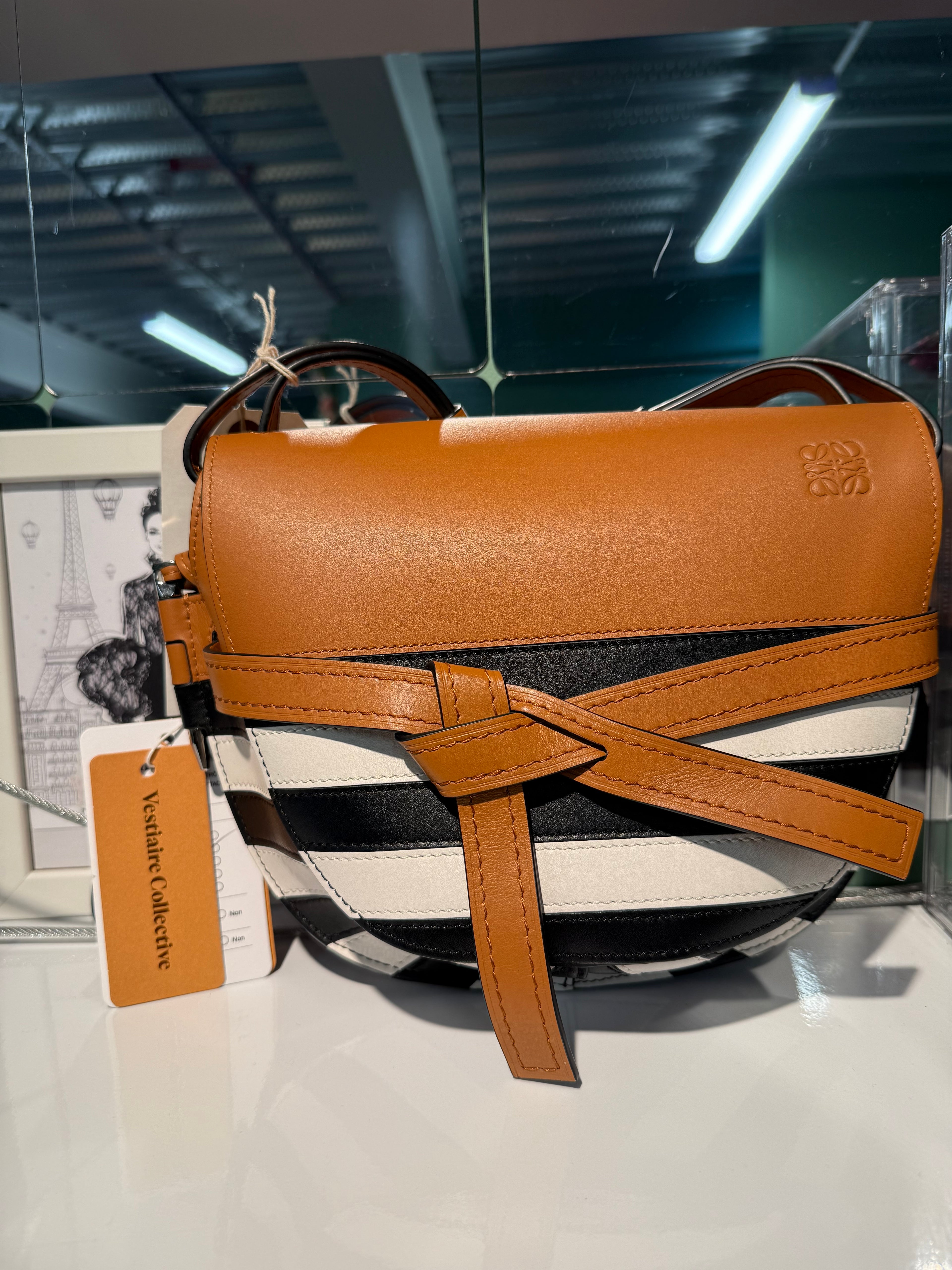 Loewe Gate Medium Stripe Crossbody / Shoulder Bag – Tan, Black & White
