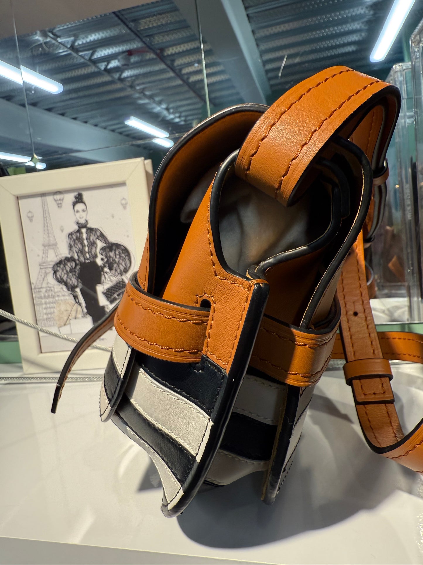 Loewe Gate Medium Stripe Crossbody / Shoulder Bag – Tan, Black & White