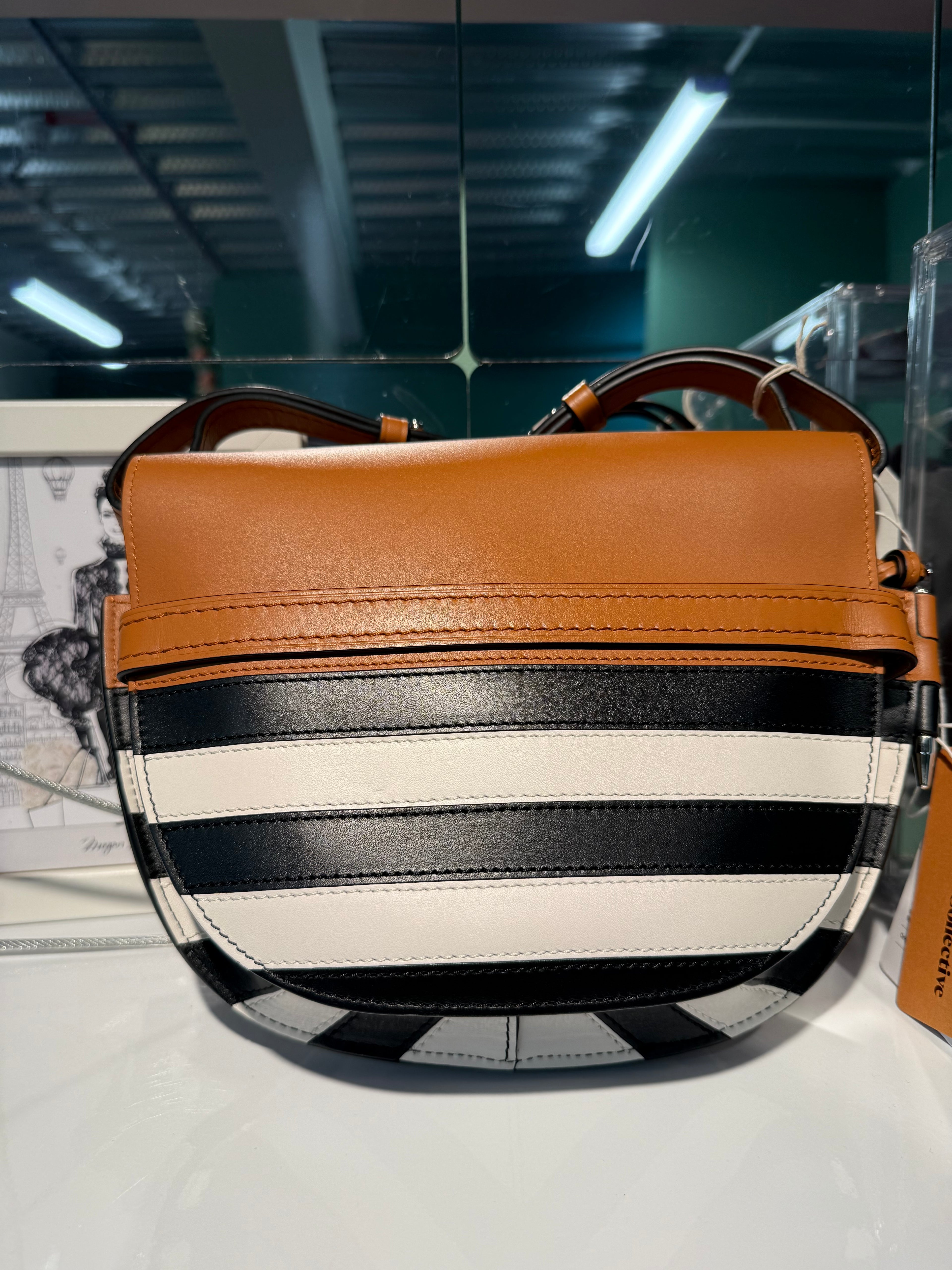 Loewe Gate Medium Stripe Crossbody / Shoulder Bag – Tan, Black & White