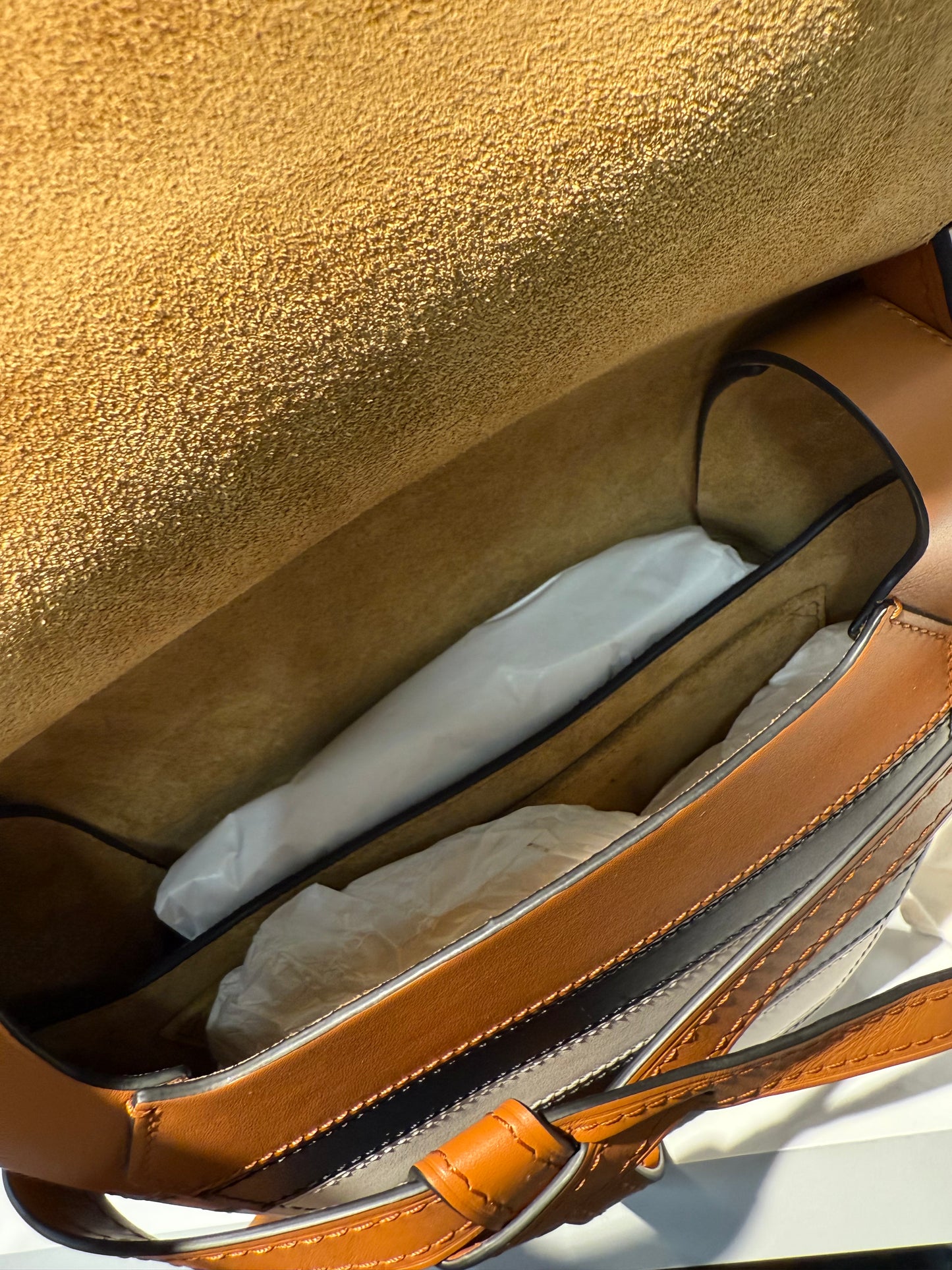 Loewe Gate Medium Stripe Crossbody / Shoulder Bag – Tan, Black & White