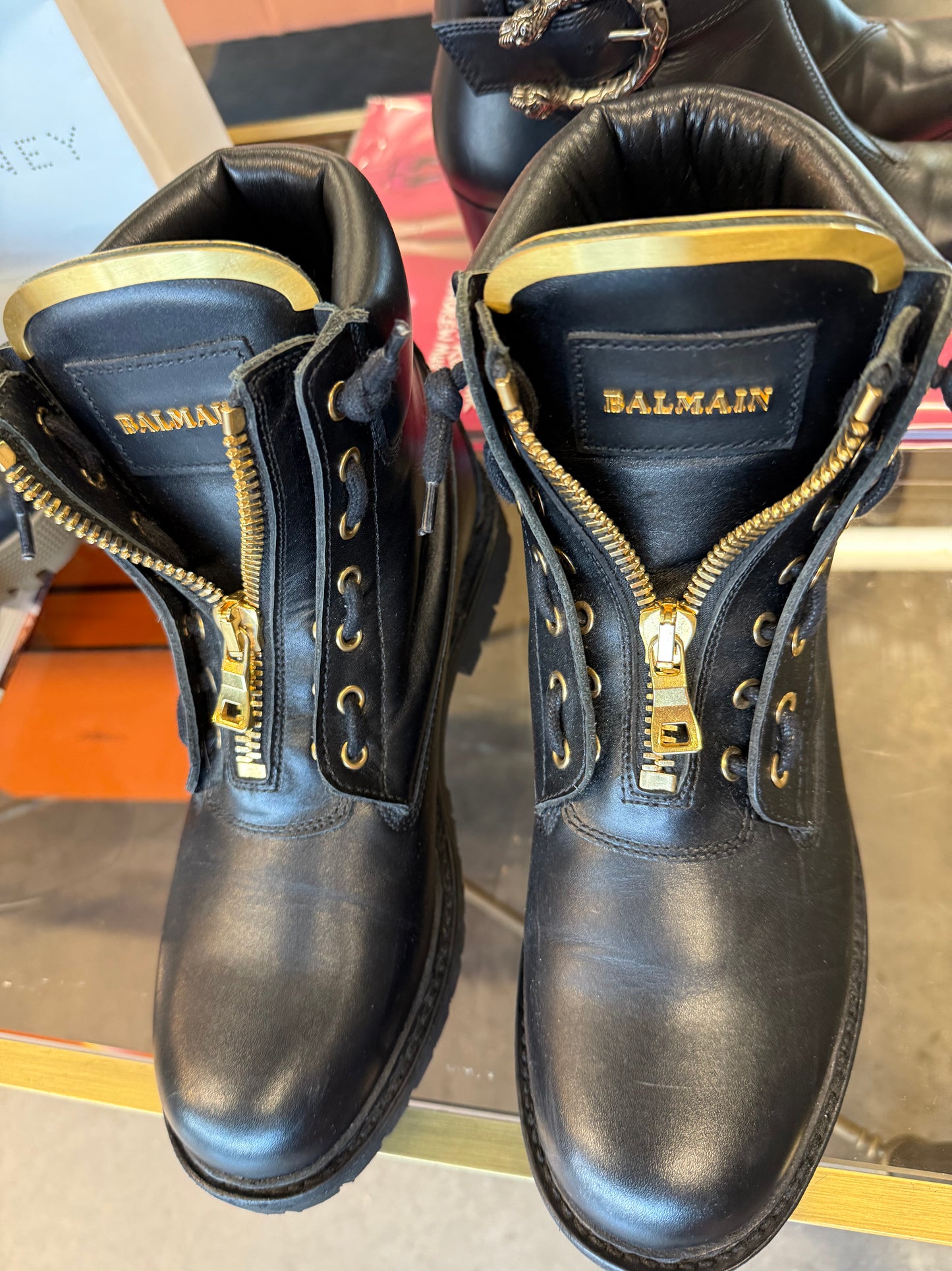 Balmain Leather Lace-Up Boots – Black with Gold Hardware | UK 7 / EU 40