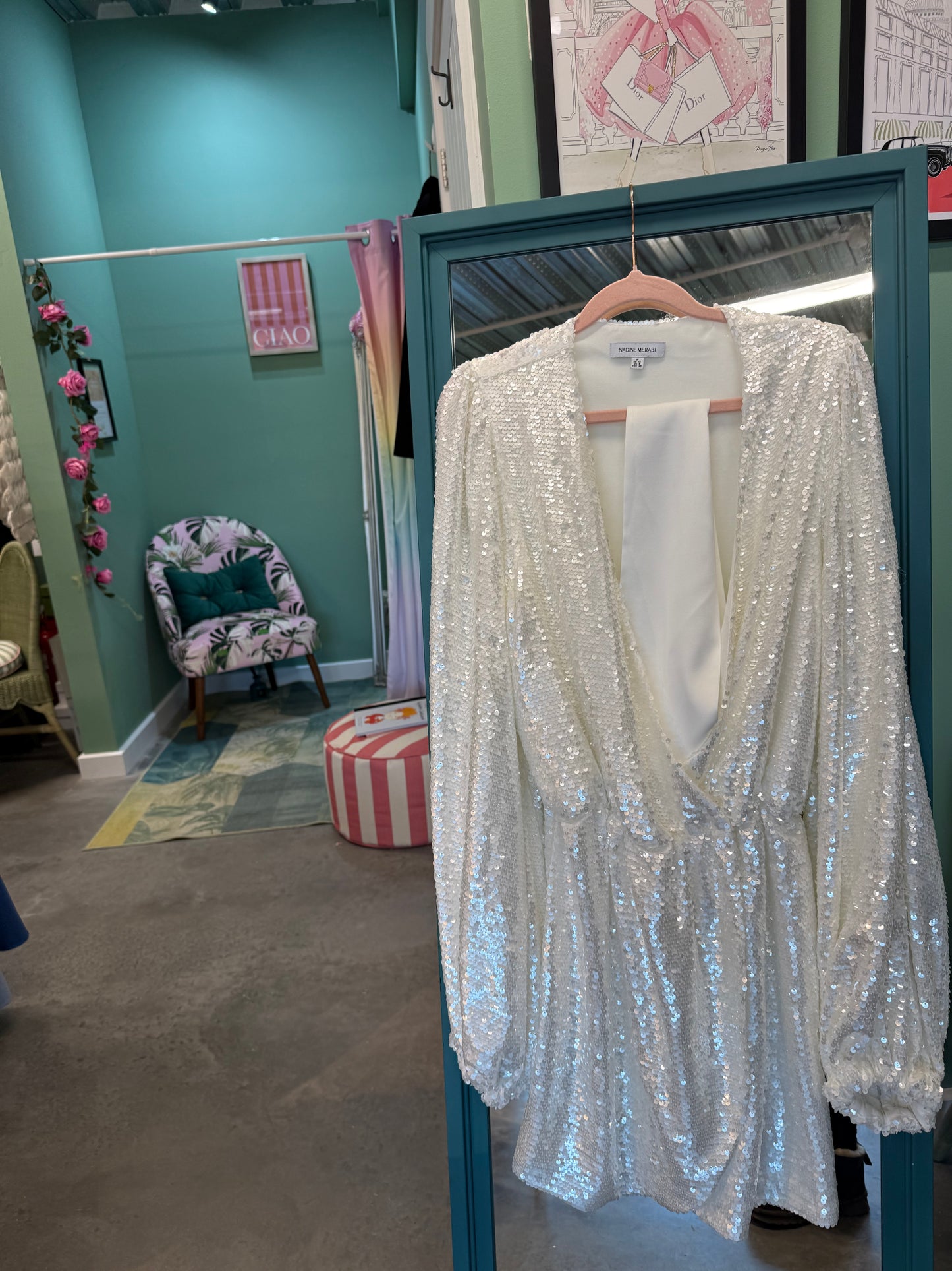 Nadine Merabi Sequin Mini Dress with Belt – Silver | UK 12