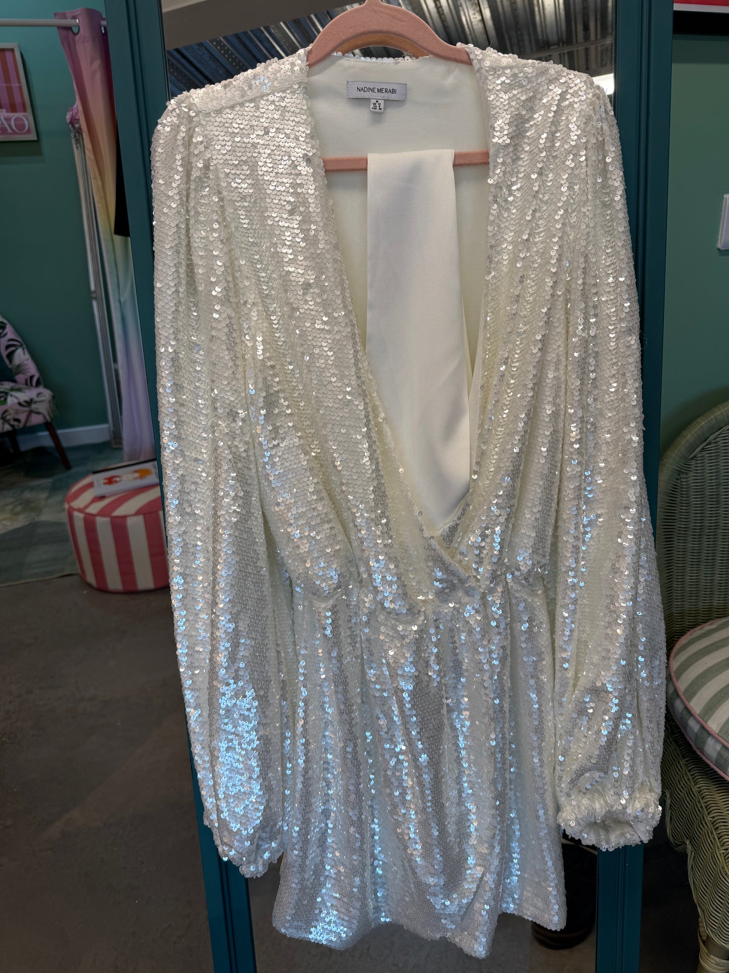 Nadine Merabi Sequin Mini Dress with Belt – Silver | UK 12