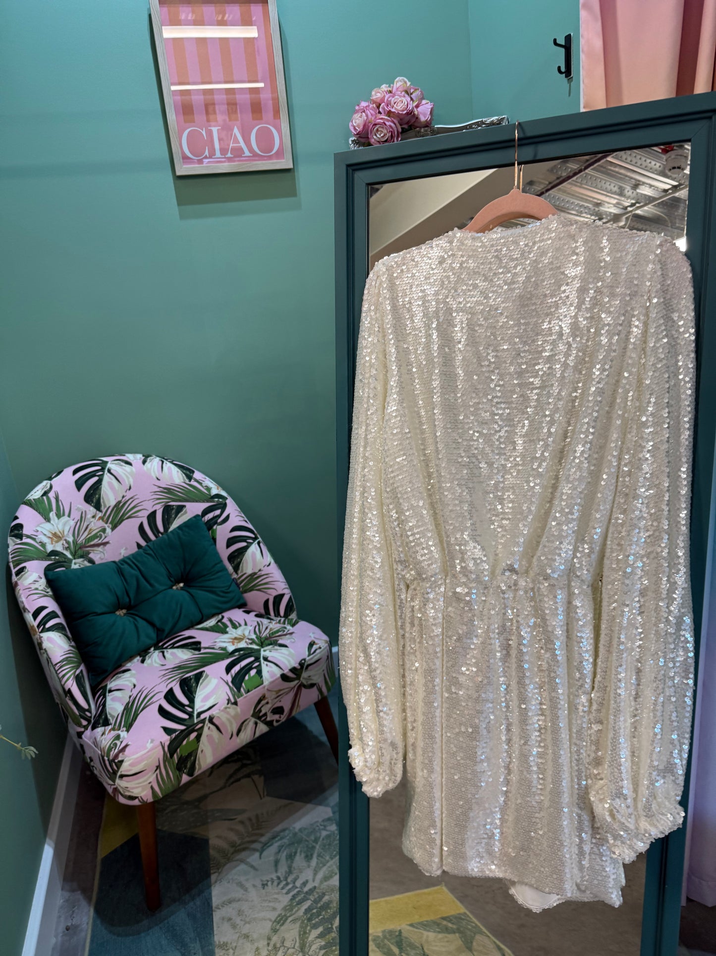 Nadine Merabi Sequin Mini Dress with Belt – Silver | UK 12