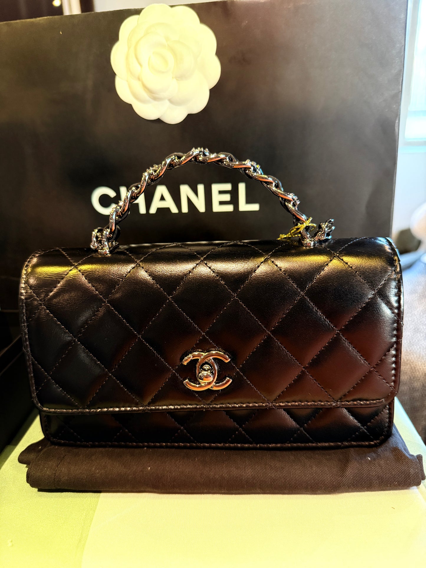 Chanel Classic Flap Bag – Black Quilted Lambskin (Top Handle Crystal)